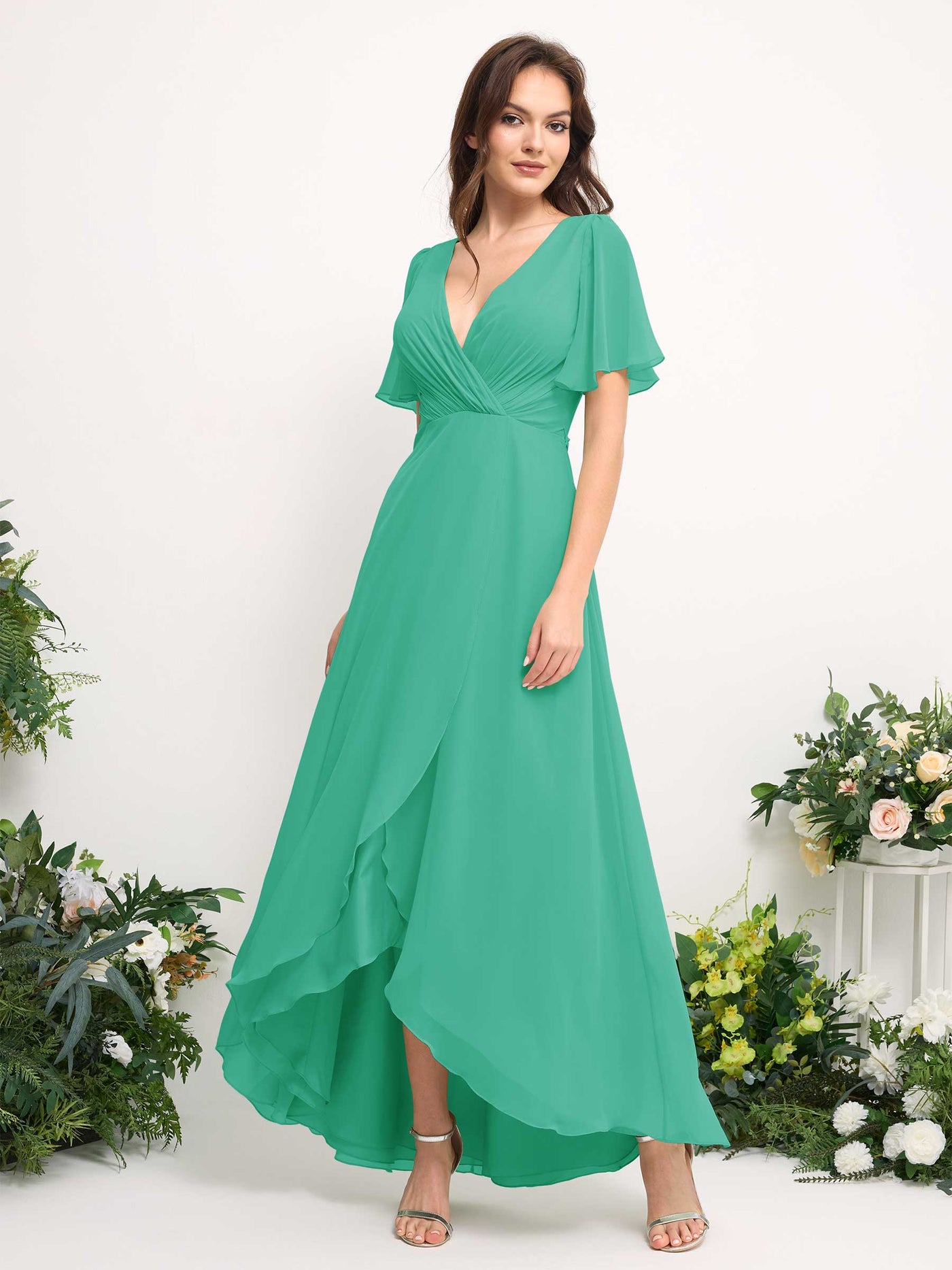 Carlyna Vestido línea A escote en V gasa hasta el suelo dama de honor Azul Tiffany #color_azul-tiffany