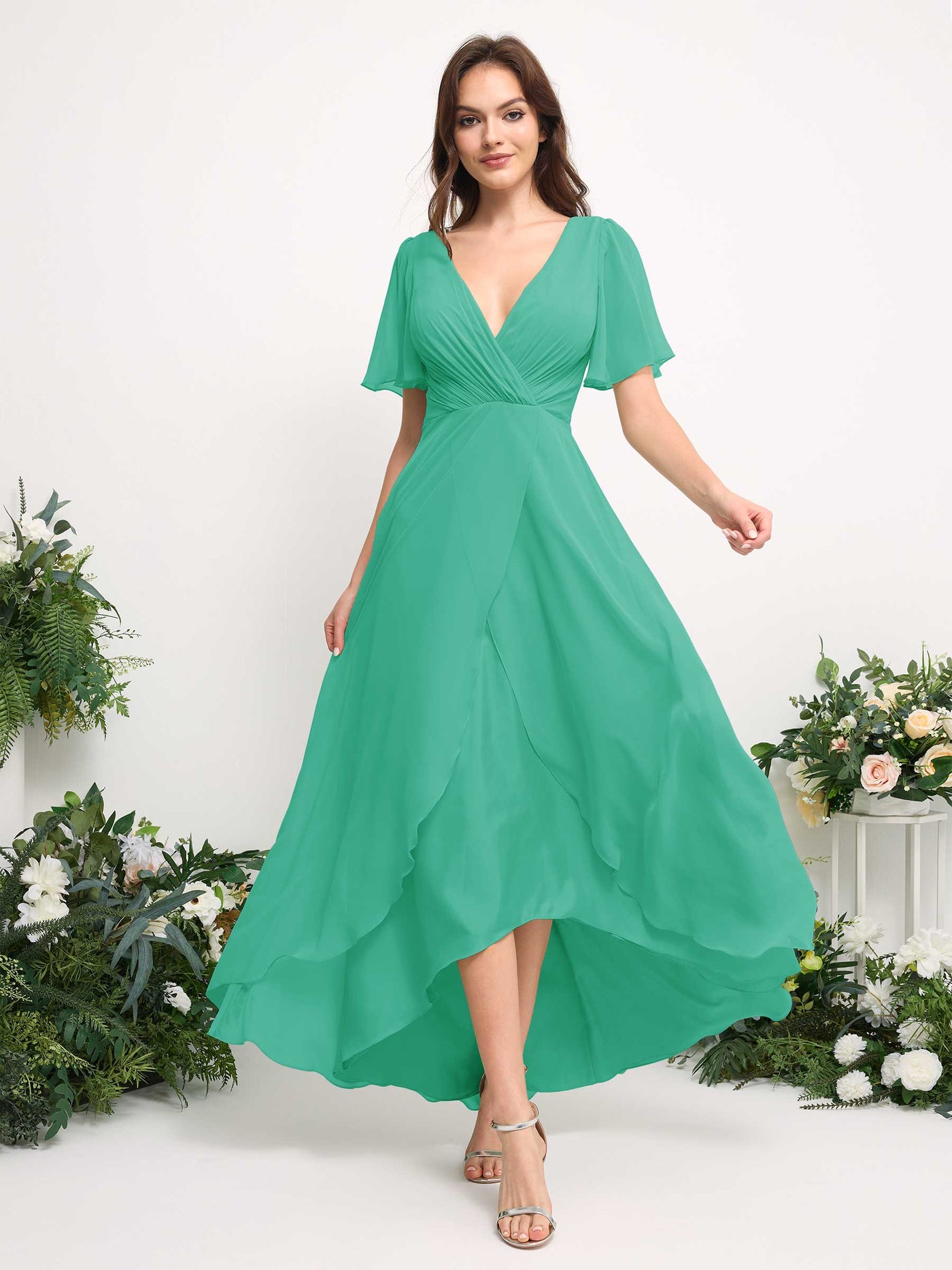 Carlyna Vestido línea A escote en V gasa hasta el suelo dama de honor Azul Tiffany #color_azul-tiffany