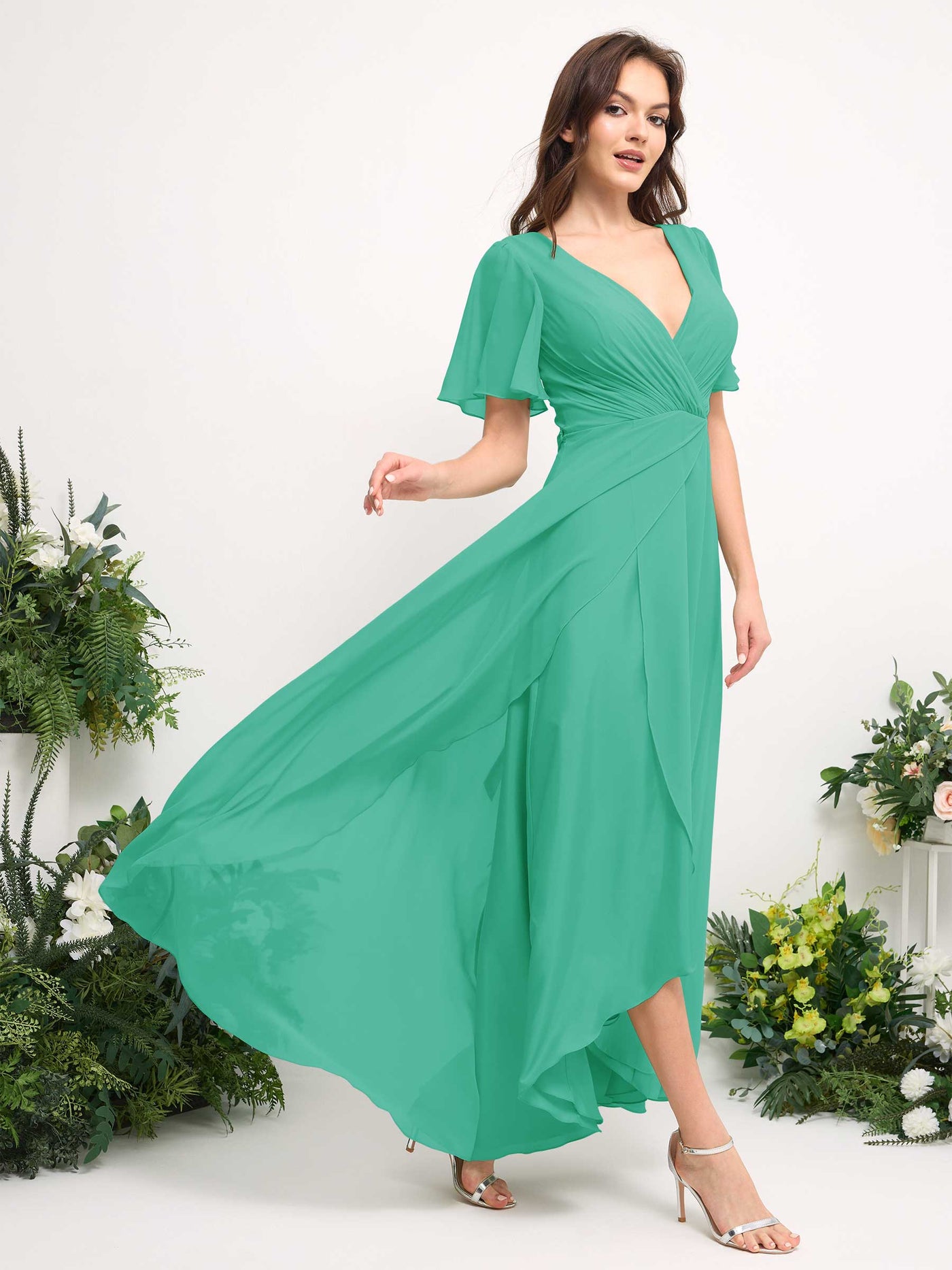 Carlyna Vestido línea A escote en V gasa hasta el suelo dama de honor Azul Tiffany #color_azul-tiffany