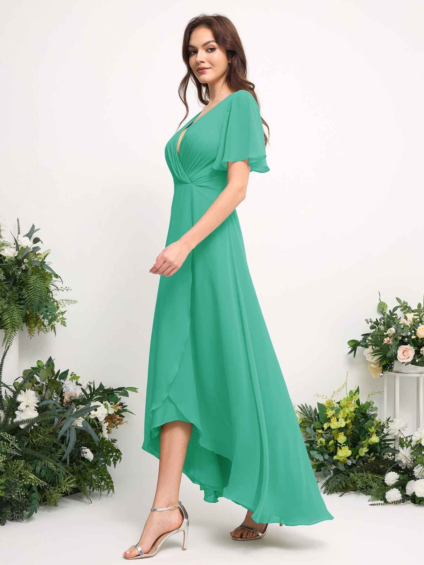 Carlyna Vestido línea A escote en V gasa hasta el suelo dama de honor Azul Tiffany #color_azul-tiffany