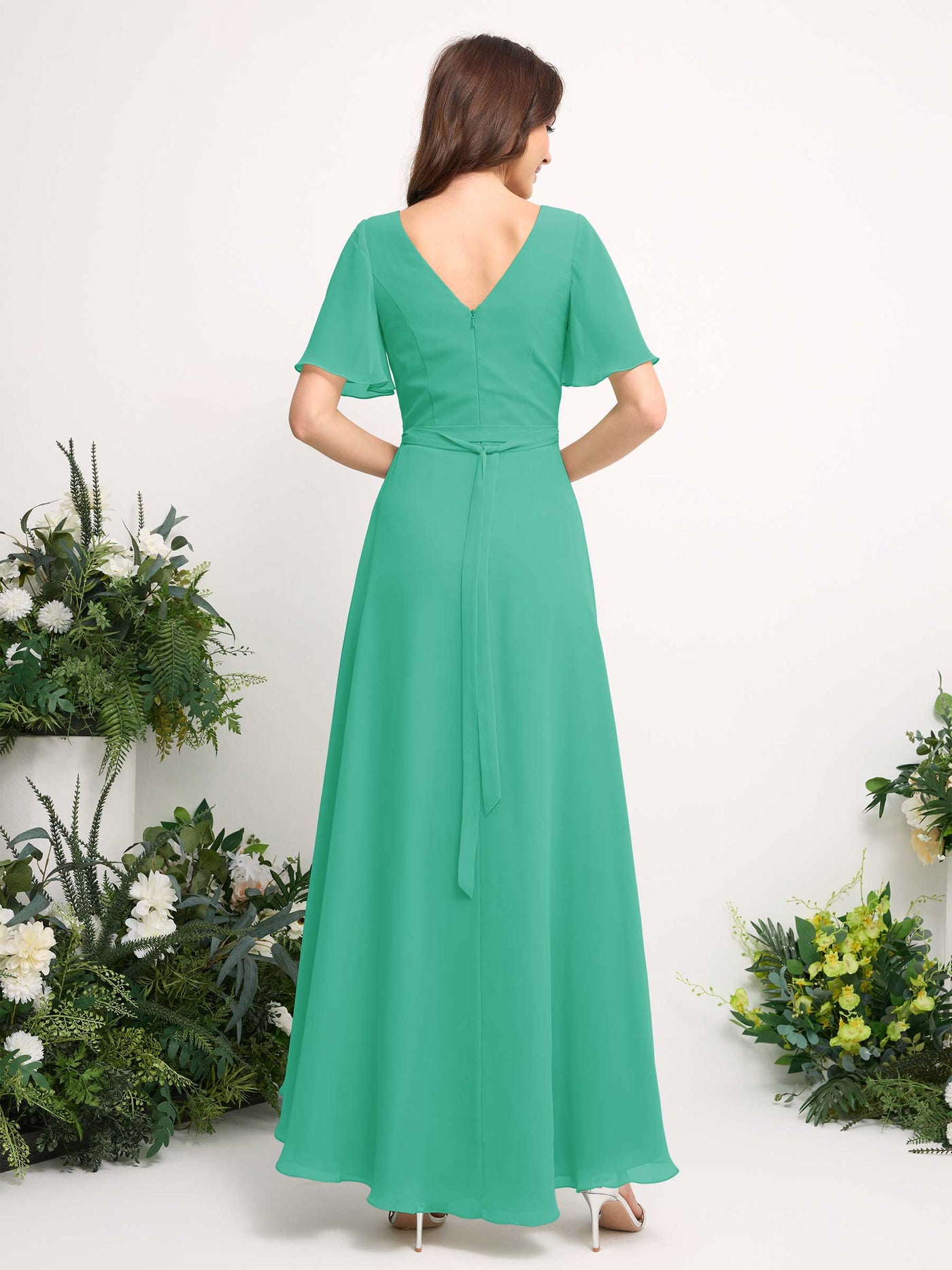 Carlyna Vestido línea A escote en V gasa hasta el suelo dama de honor Azul Tiffany #color_azul-tiffany