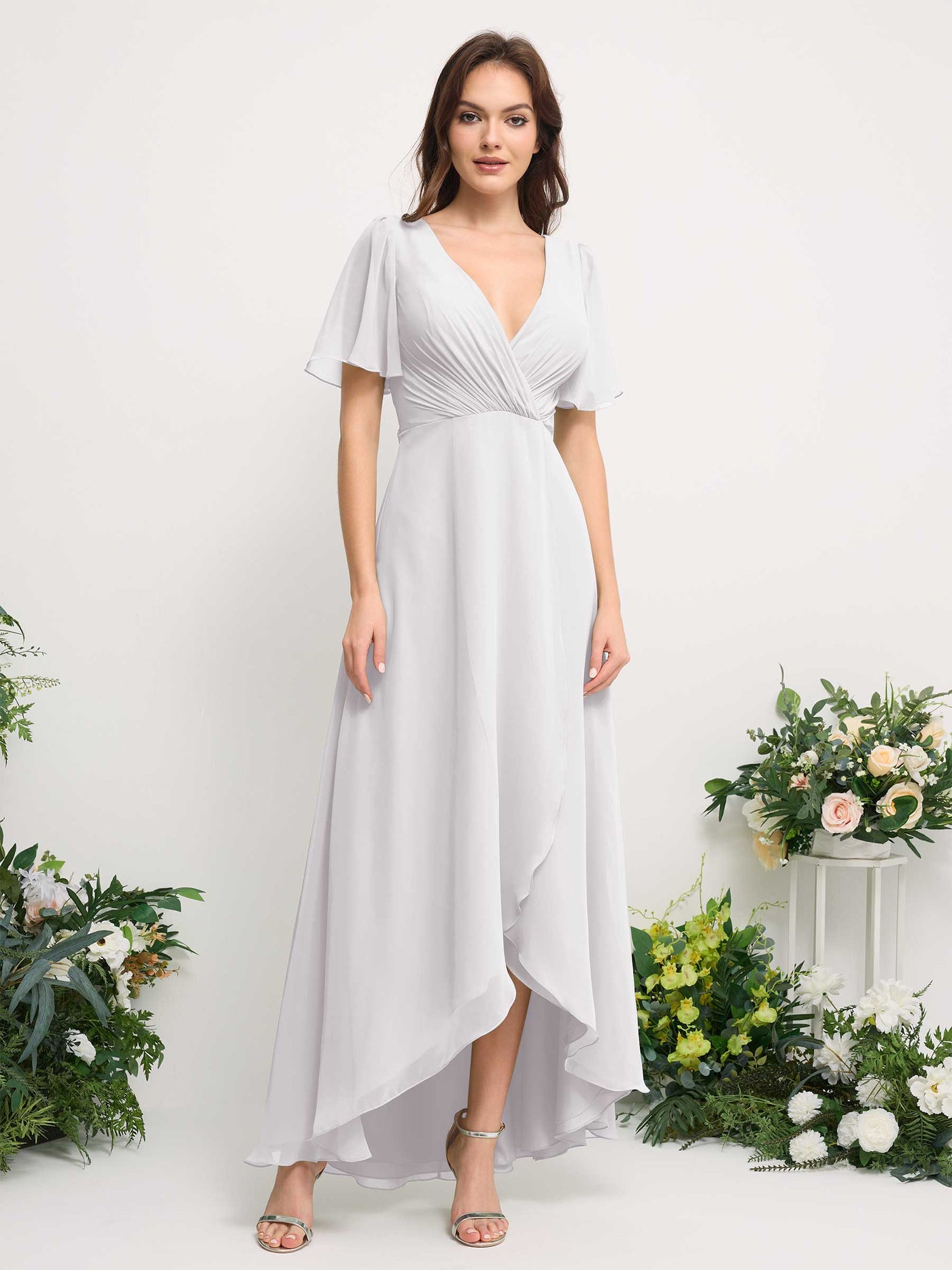 Carlyna Vestido línea A escote en V gasa hasta el suelo dama de honor Blanco #color_blanco