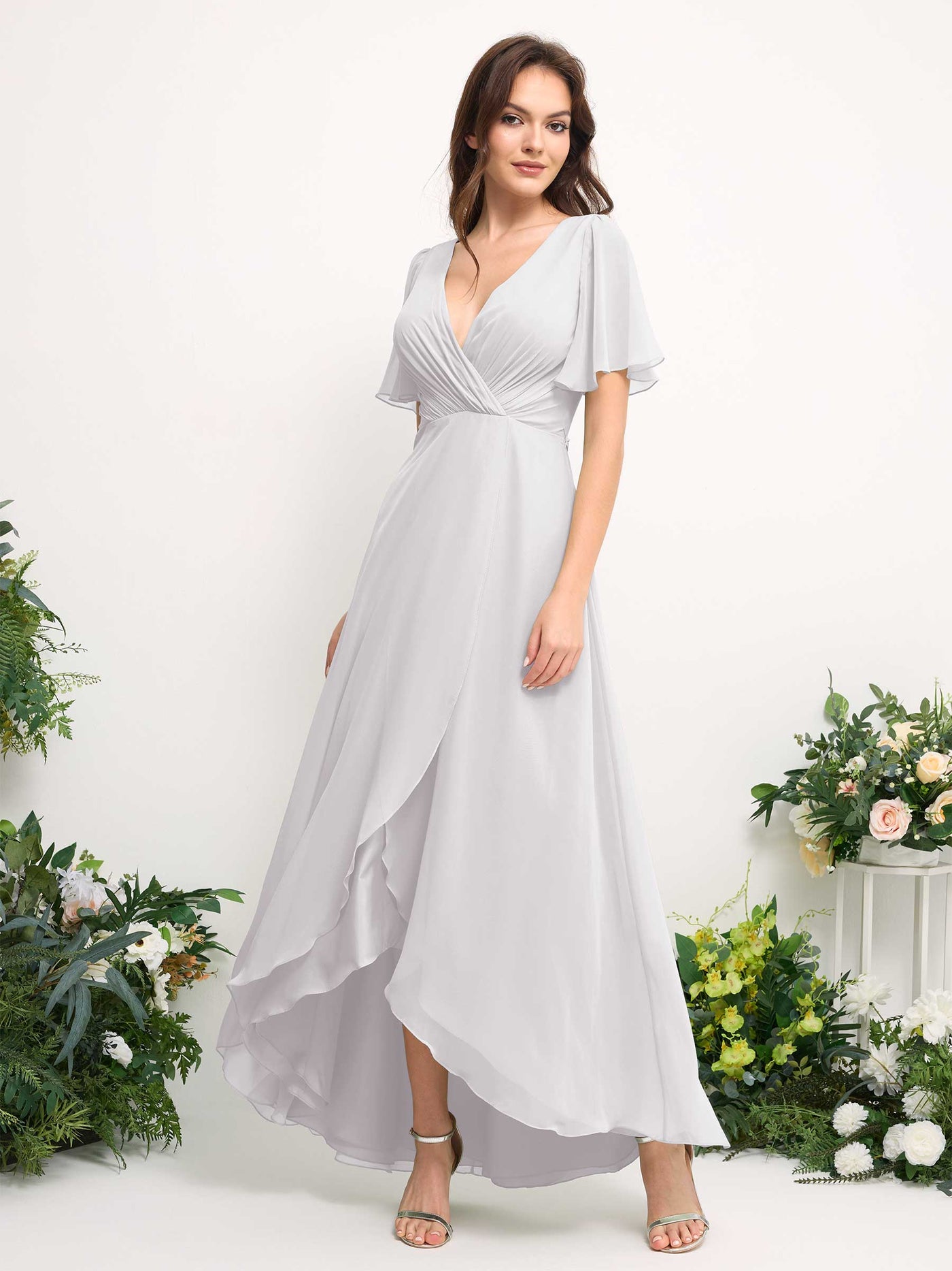Carlyna Vestido línea A escote en V gasa hasta el suelo dama de honor Blanco #color_blanco