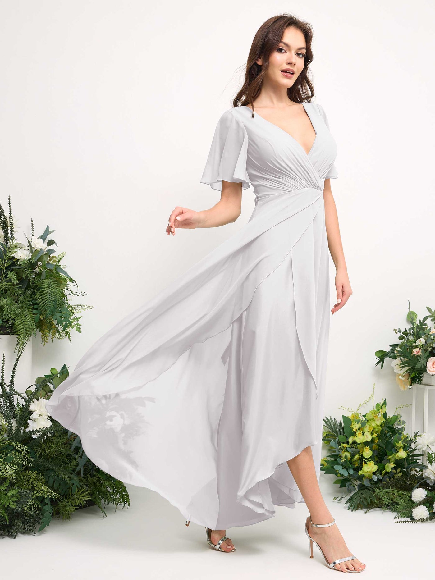 Carlyna Vestido línea A escote en V gasa hasta el suelo dama de honor Blanco #color_blanco