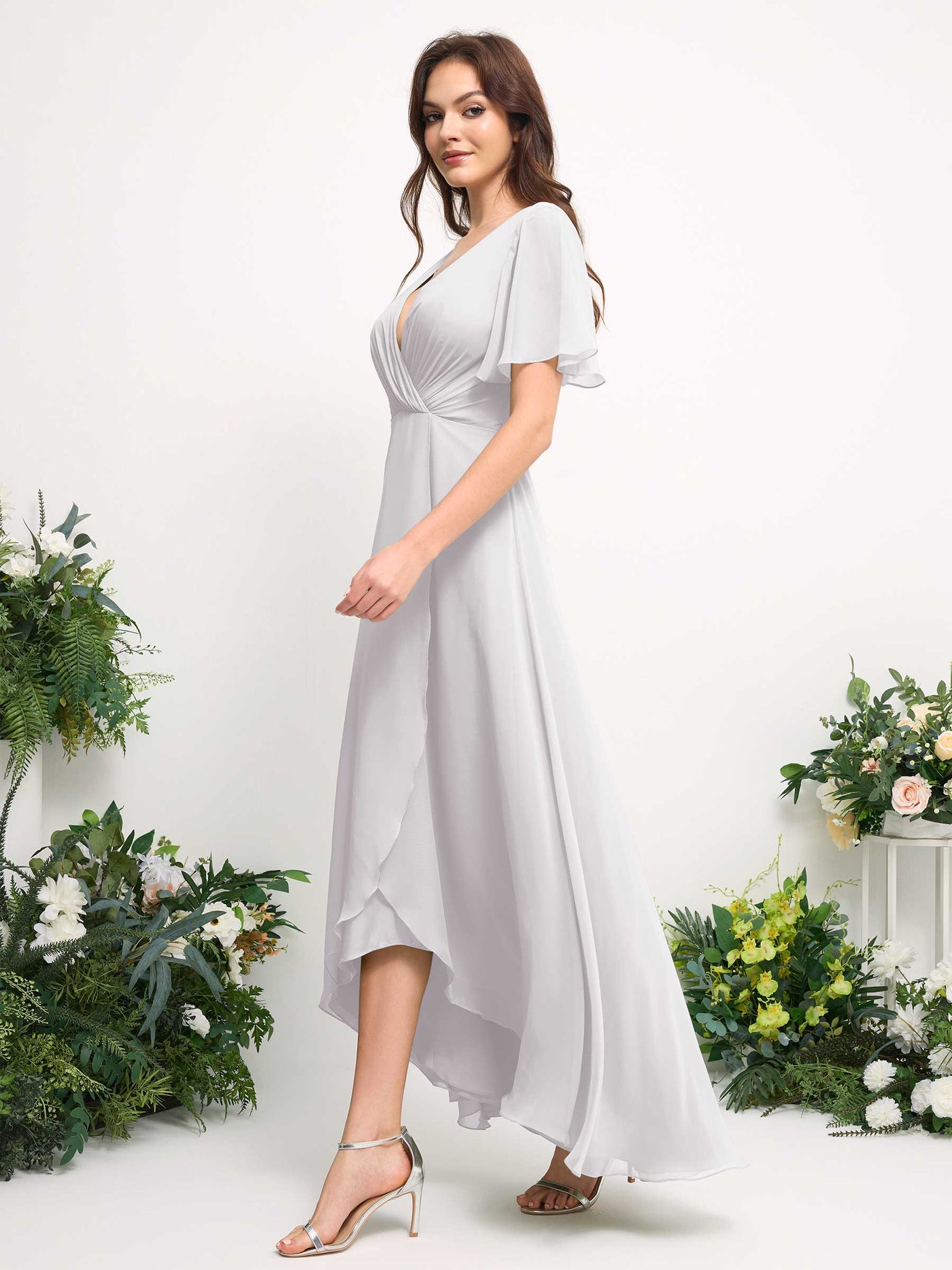 Carlyna Vestido línea A escote en V gasa hasta el suelo dama de honor Blanco #color_blanco