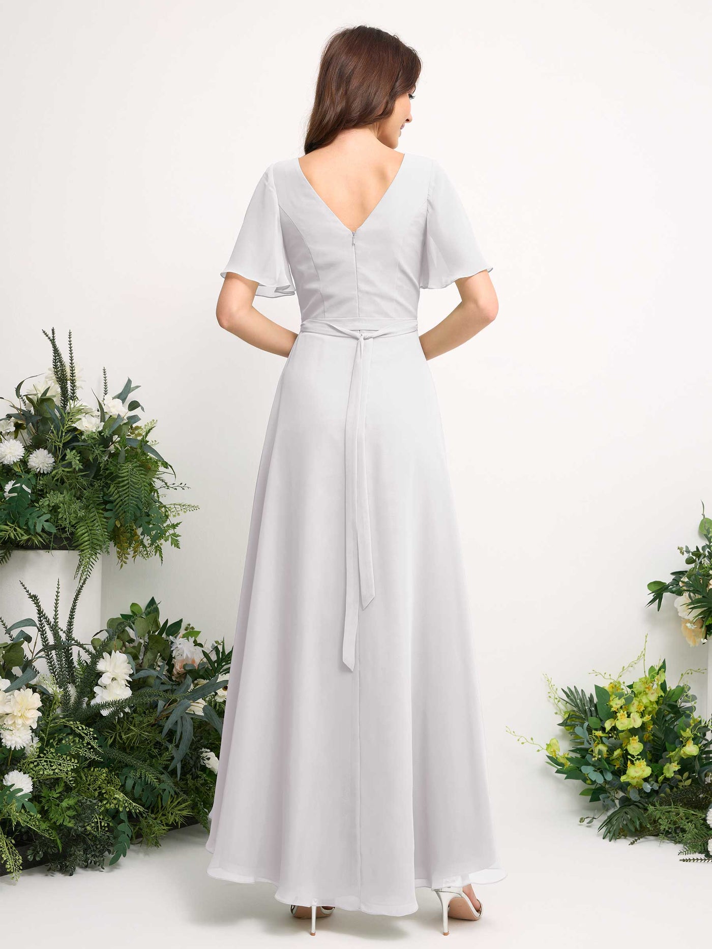 Carlyna Vestido línea A escote en V gasa hasta el suelo dama de honor Blanco #color_blanco