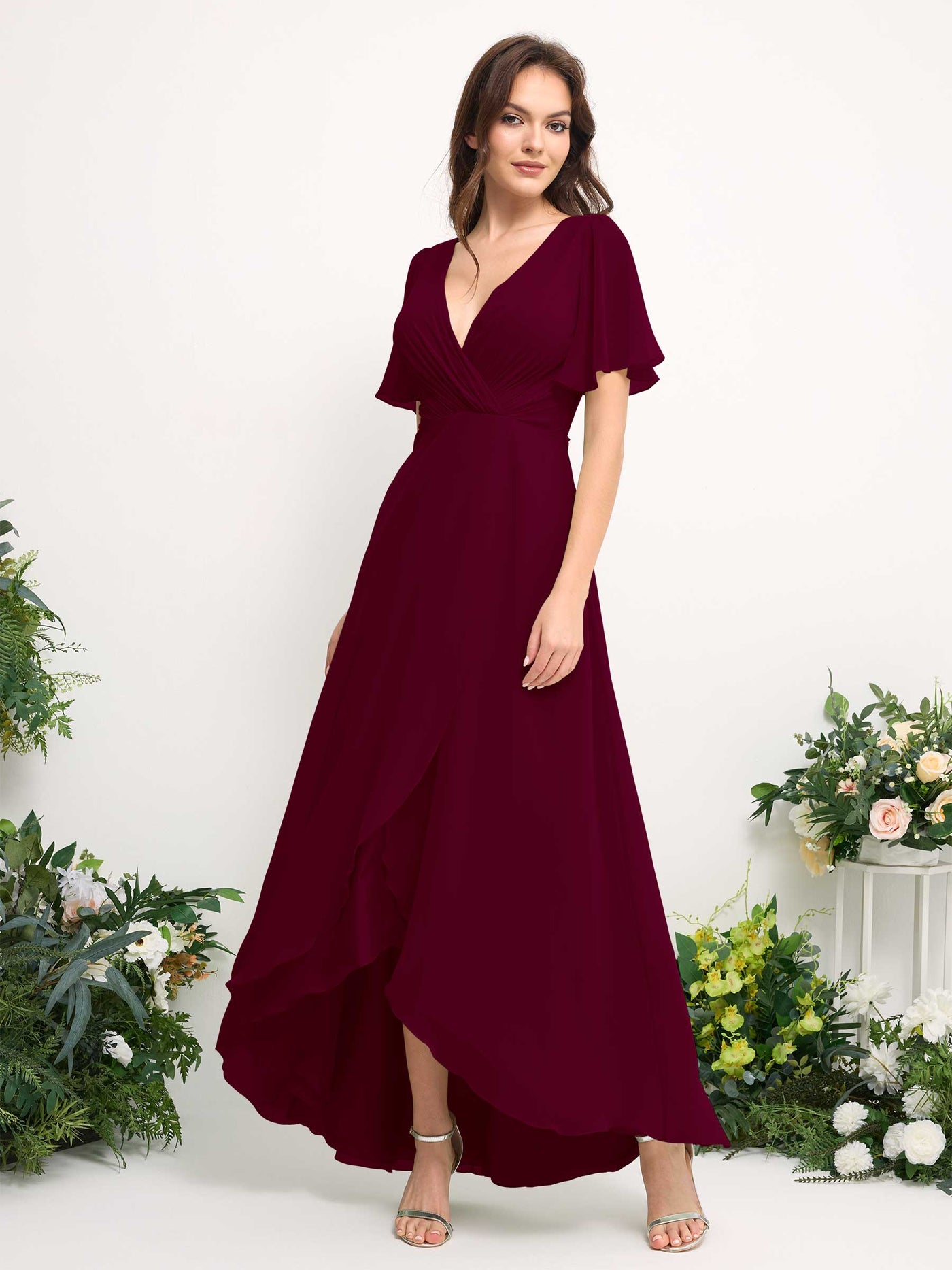 Carlyna Vestido línea A escote en V gasa hasta el suelo dama de honor Borgoña #color_borgo-a