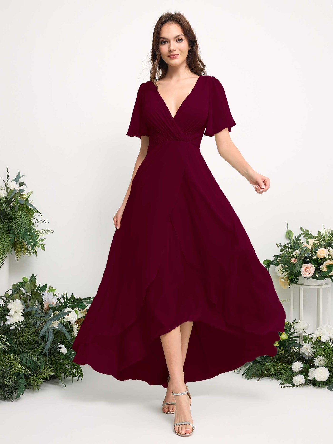 Carlyna Vestido línea A escote en V gasa hasta el suelo dama de honor Borgoña #color_borgo-a