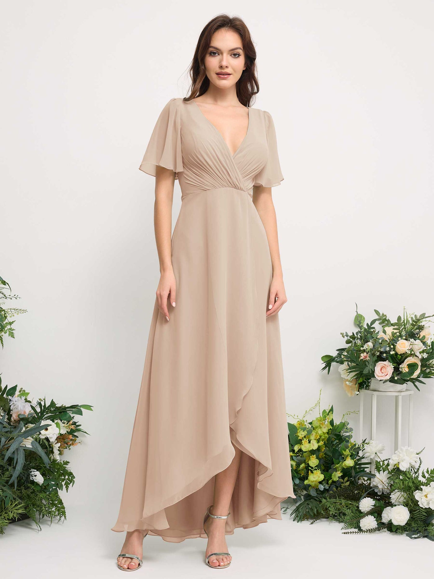 Carlyna Vestido línea A escote en V gasa hasta el suelo dama de honor Champán #color_champ-n