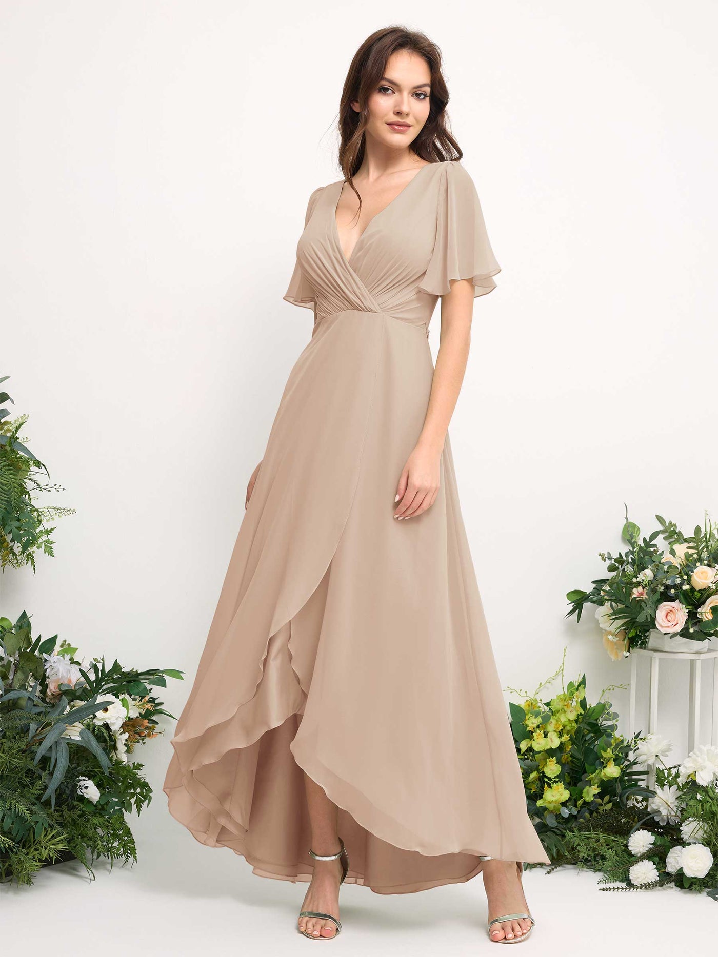Carlyna Vestido línea A escote en V gasa hasta el suelo dama de honor Champán #color_champ-n