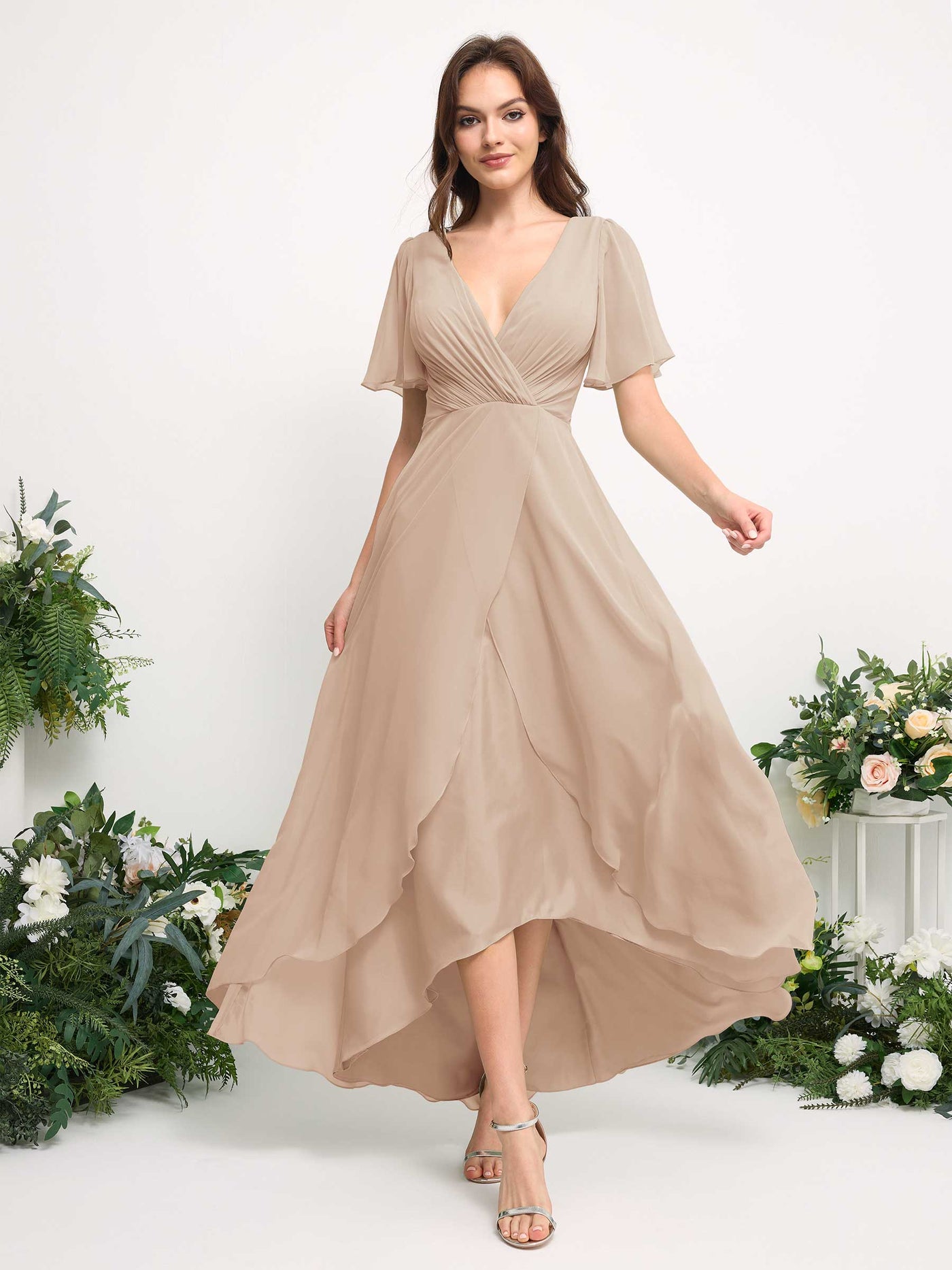 Carlyna Vestido línea A escote en V gasa hasta el suelo dama de honor Champán #color_champ-n