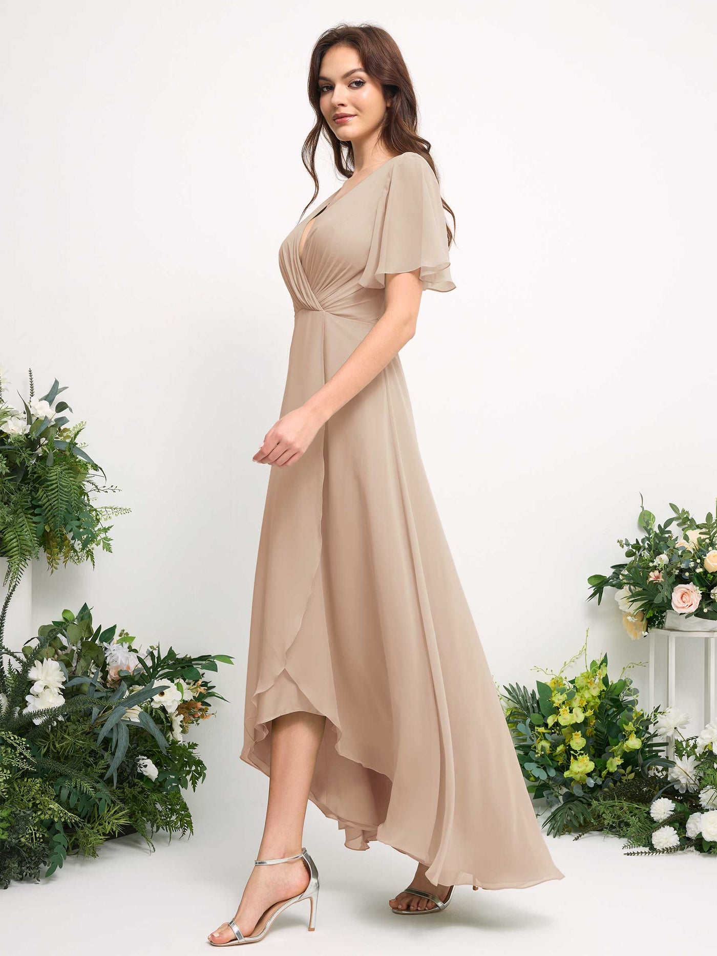 Carlyna Vestido línea A escote en V gasa hasta el suelo dama de honor Champán #color_champ-n