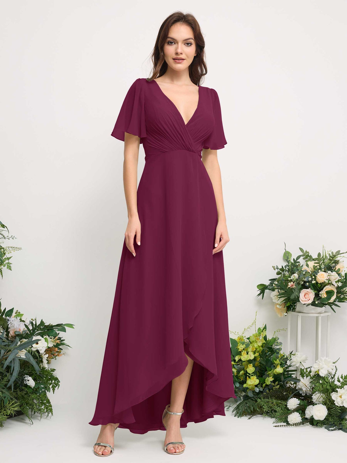 Carlyna Vestido línea A escote en V gasa hasta el suelo dama de honor Chianti #color_chianti