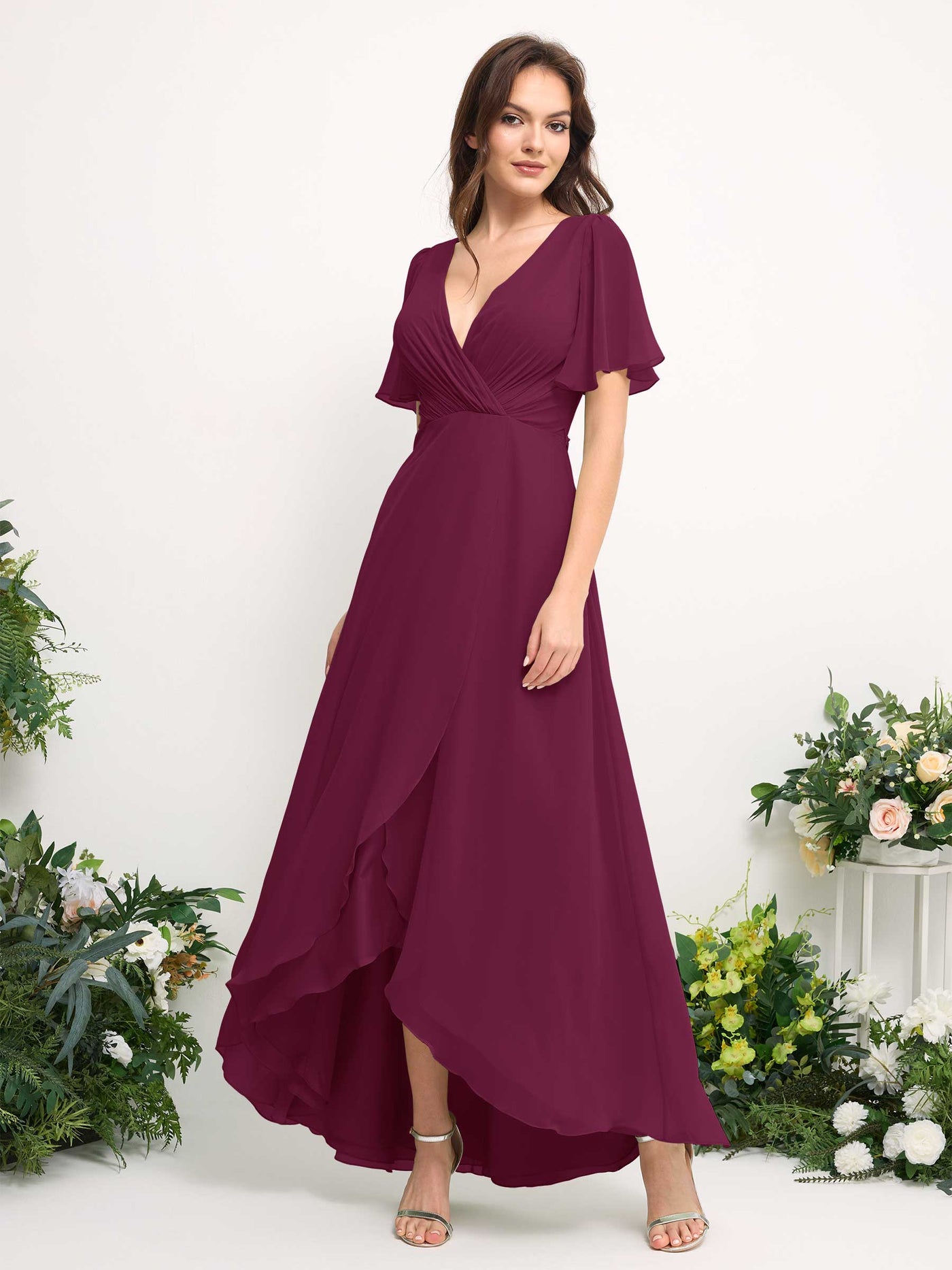 Carlyna Vestido línea A escote en V gasa hasta el suelo dama de honor Chianti #color_chianti