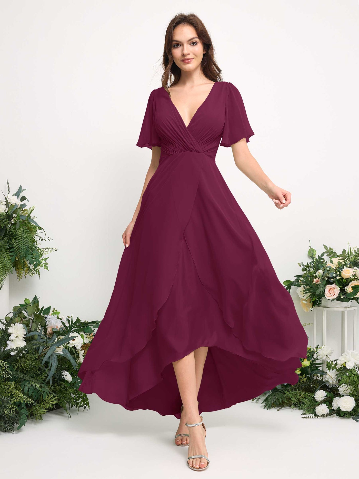 Carlyna Vestido línea A escote en V gasa hasta el suelo dama de honor Chianti #color_chianti