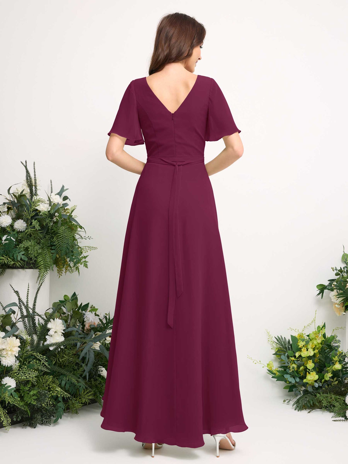 Carlyna Vestido línea A escote en V gasa hasta el suelo dama de honor Chianti #color_chianti