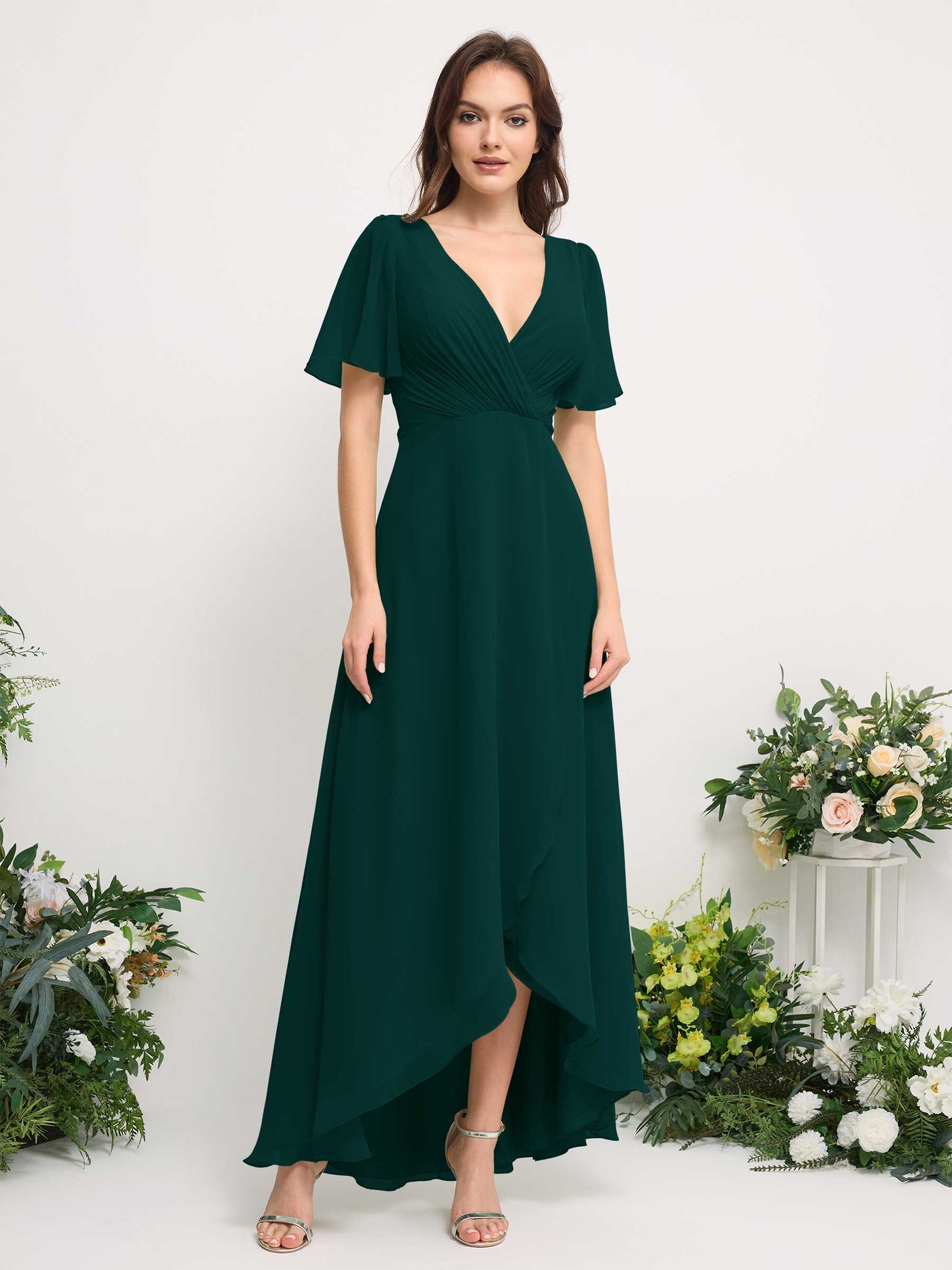 Carlyna Vestido línea A escote en V gasa hasta el suelo dama de honor Esmeralda Oscuro #color_esmeralda-oscuro