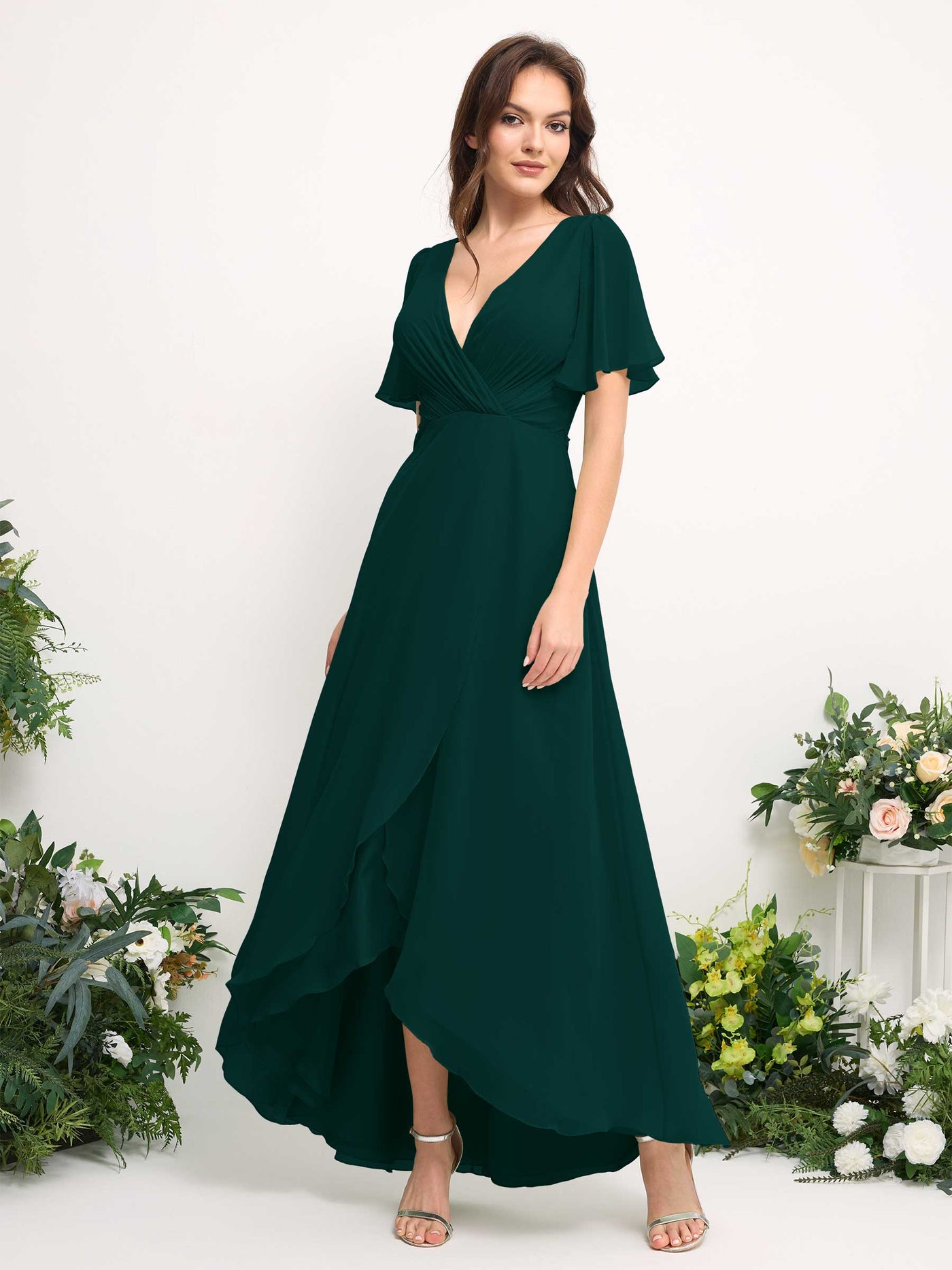 Carlyna Vestido línea A escote en V gasa hasta el suelo dama de honor Esmeralda Oscuro #color_esmeralda-oscuro