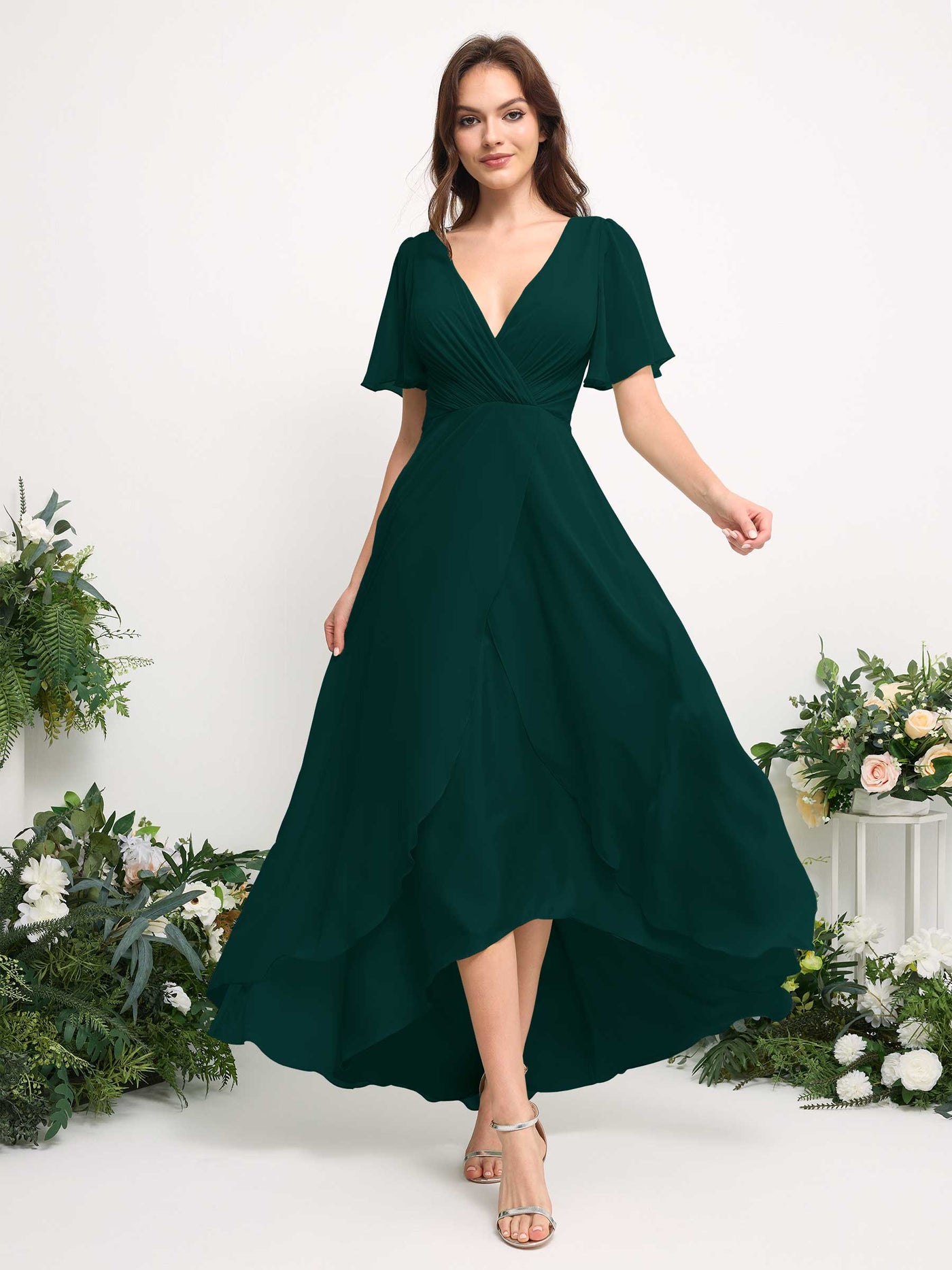 Carlyna Vestido línea A escote en V gasa hasta el suelo dama de honor Esmeralda Oscuro #color_esmeralda-oscuro