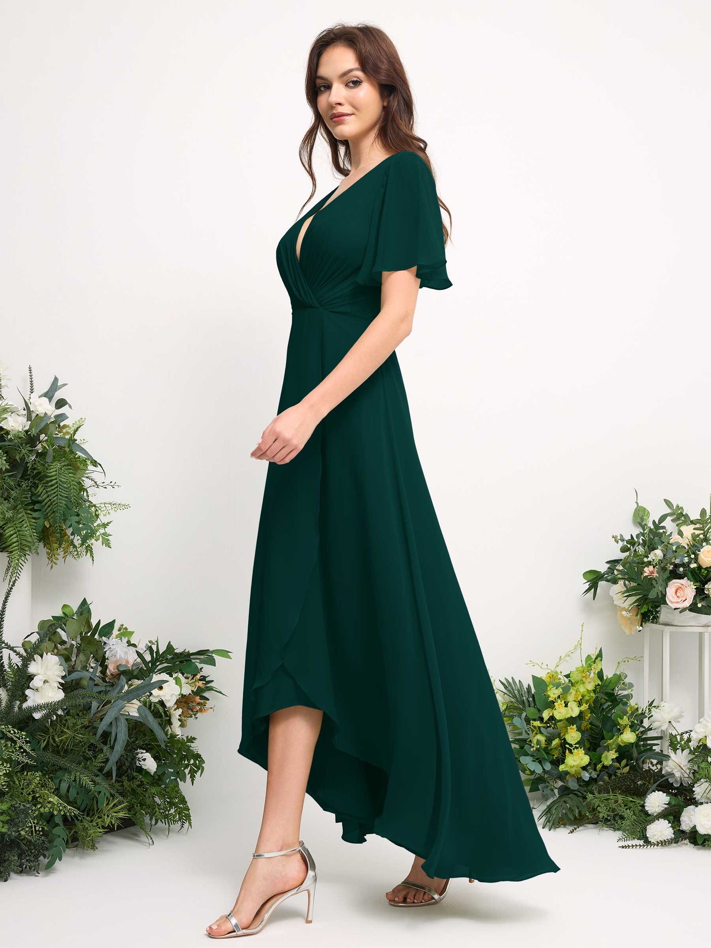 Carlyna Vestido línea A escote en V gasa hasta el suelo dama de honor Esmeralda Oscuro #color_esmeralda-oscuro
