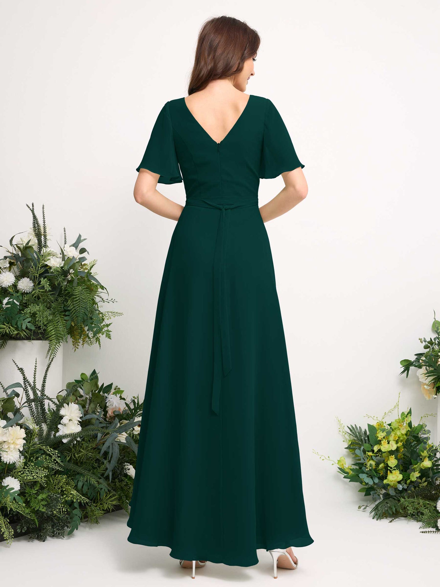 Carlyna Vestido línea A escote en V gasa hasta el suelo dama de honor Esmeralda Oscuro #color_esmeralda-oscuro