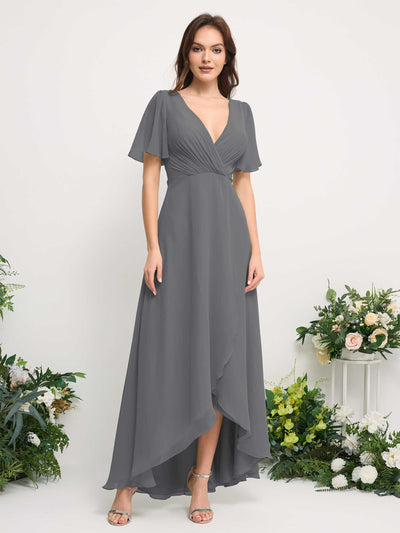 Carlyna Vestido línea A escote en V gasa hasta el suelo dama de honor Gris Acero #color_gris-acero