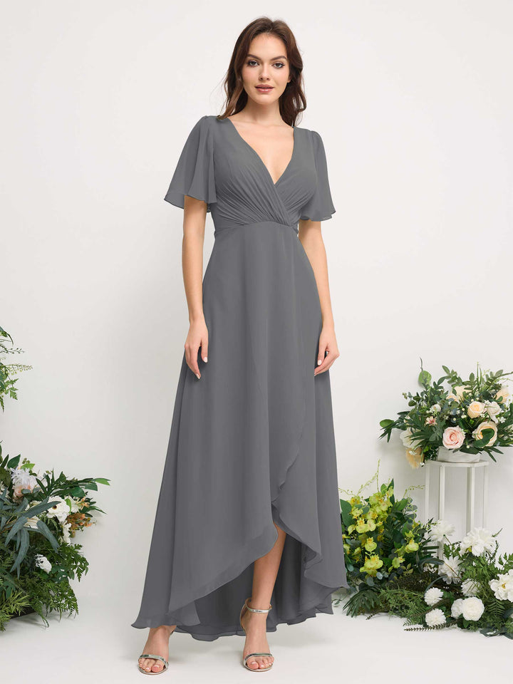 Carlyna Vestido línea A escote en V gasa hasta el suelo dama de honor Gris Acero 