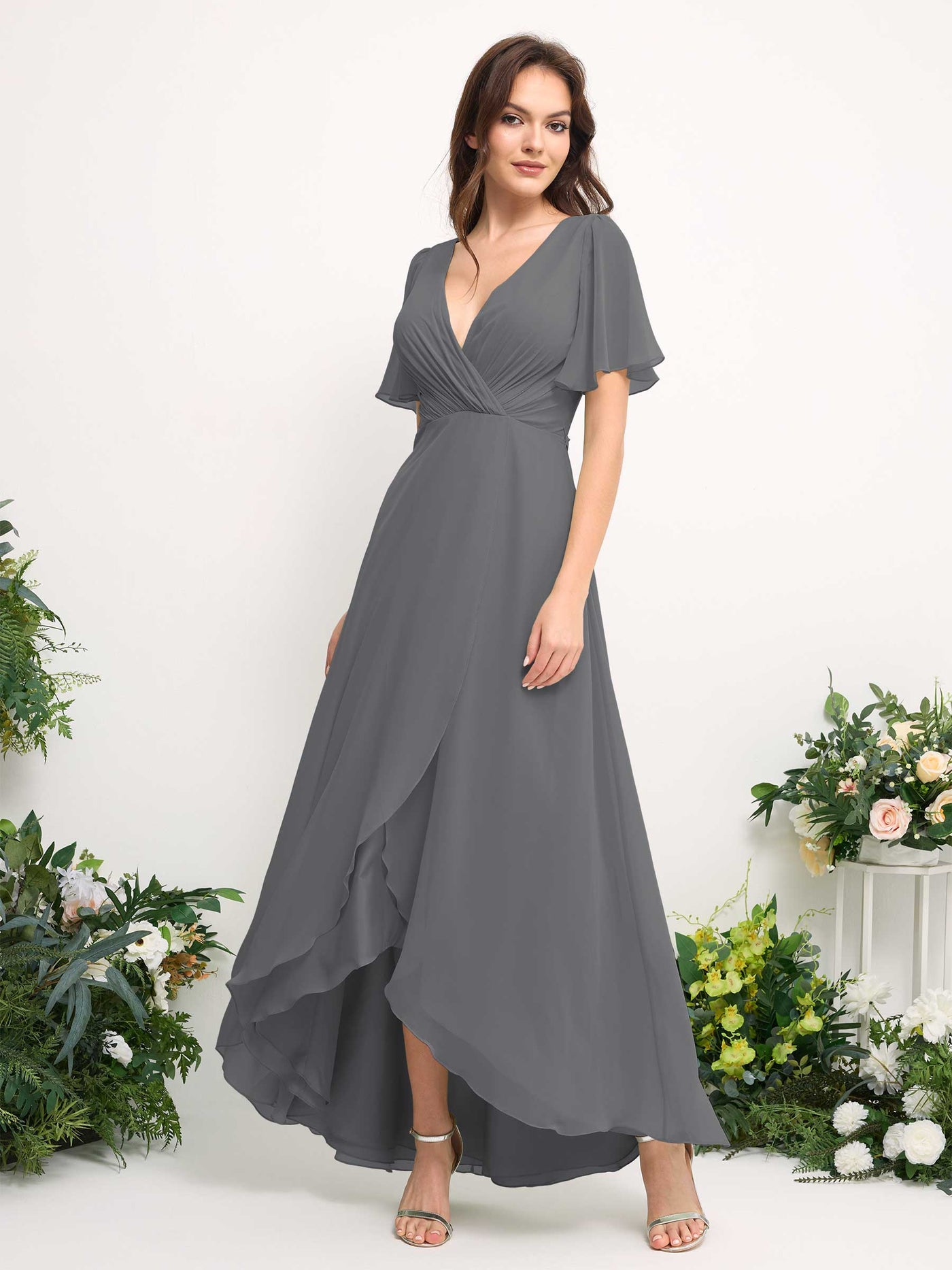 Carlyna Vestido línea A escote en V gasa hasta el suelo dama de honor Gris Acero #color_gris-acero