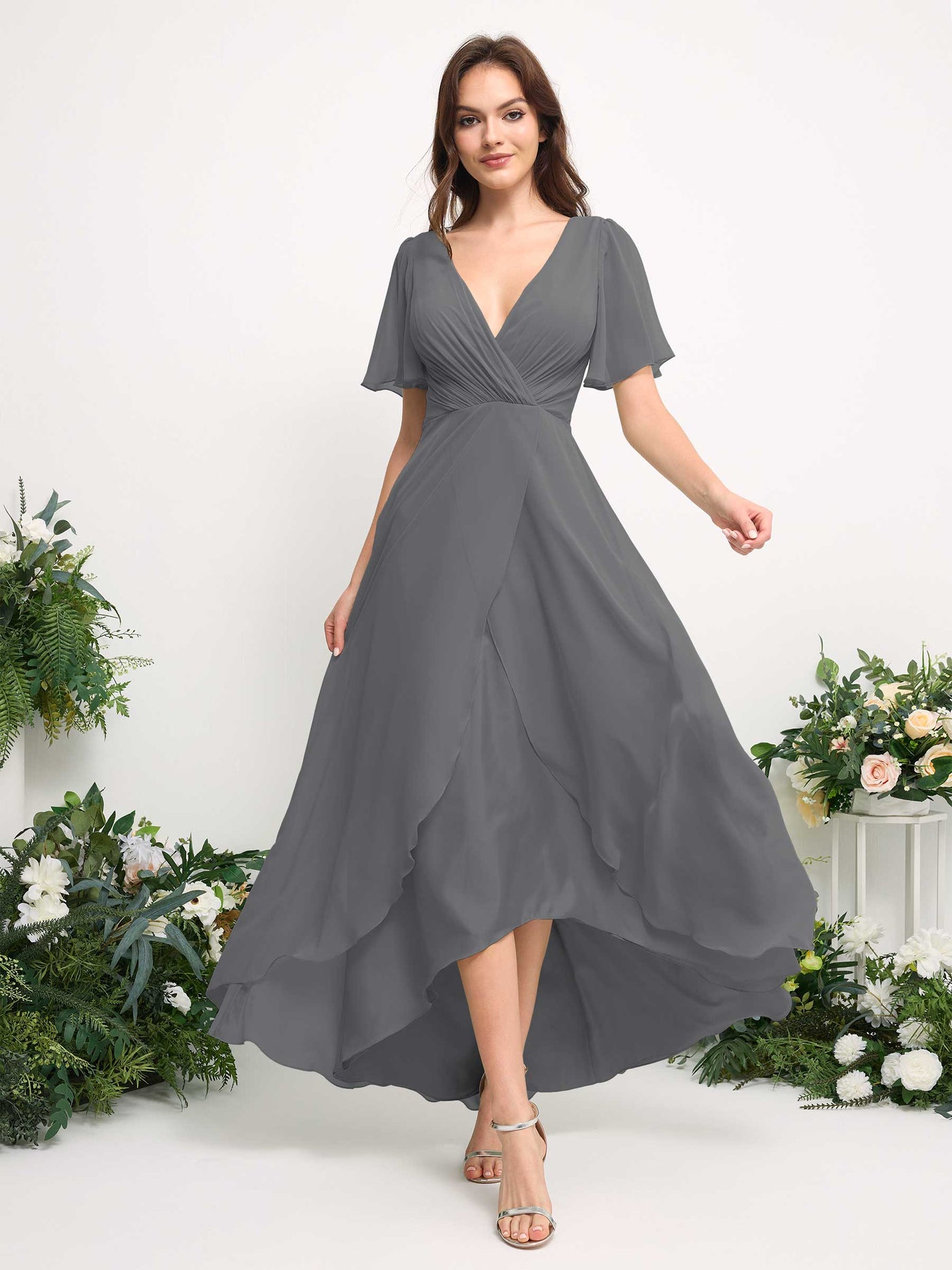 Carlyna Vestido línea A escote en V gasa hasta el suelo dama de honor Gris Acero #color_gris-acero