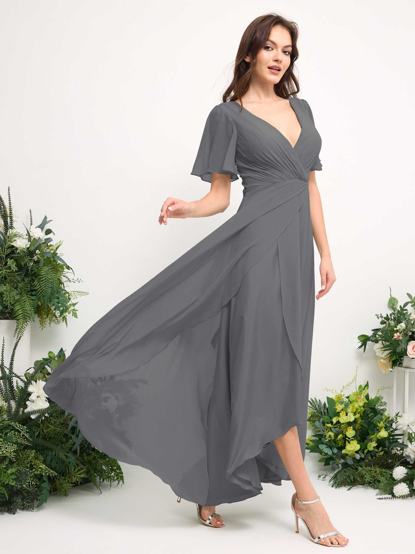 Carlyna Vestido línea A escote en V gasa hasta el suelo dama de honor Gris Acero #color_gris-acero