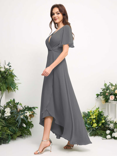 Carlyna Vestido línea A escote en V gasa hasta el suelo dama de honor Gris Acero #color_gris-acero