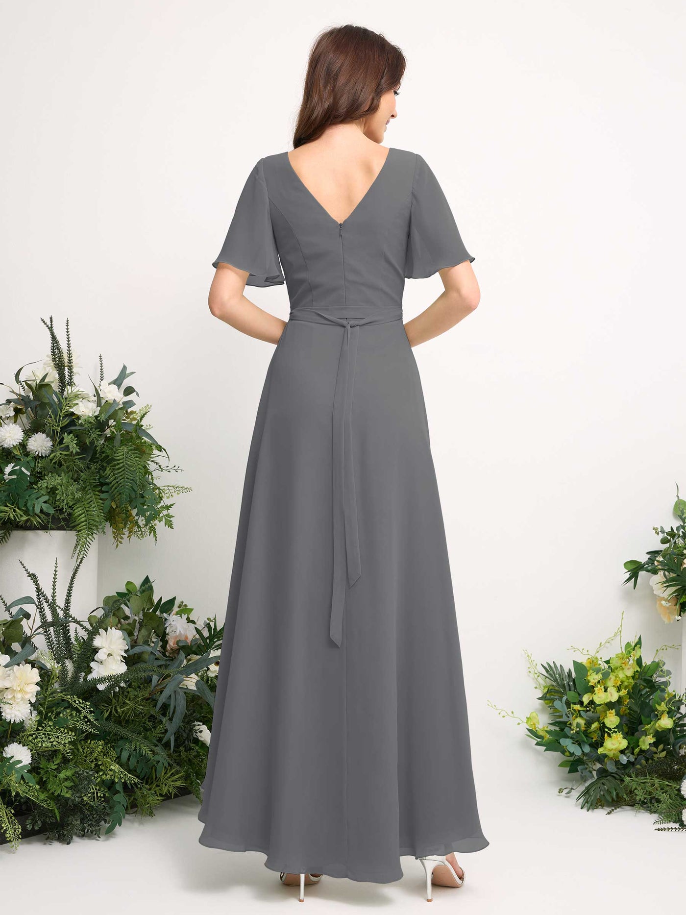 Carlyna Vestido línea A escote en V gasa hasta el suelo dama de honor Gris Acero #color_gris-acero