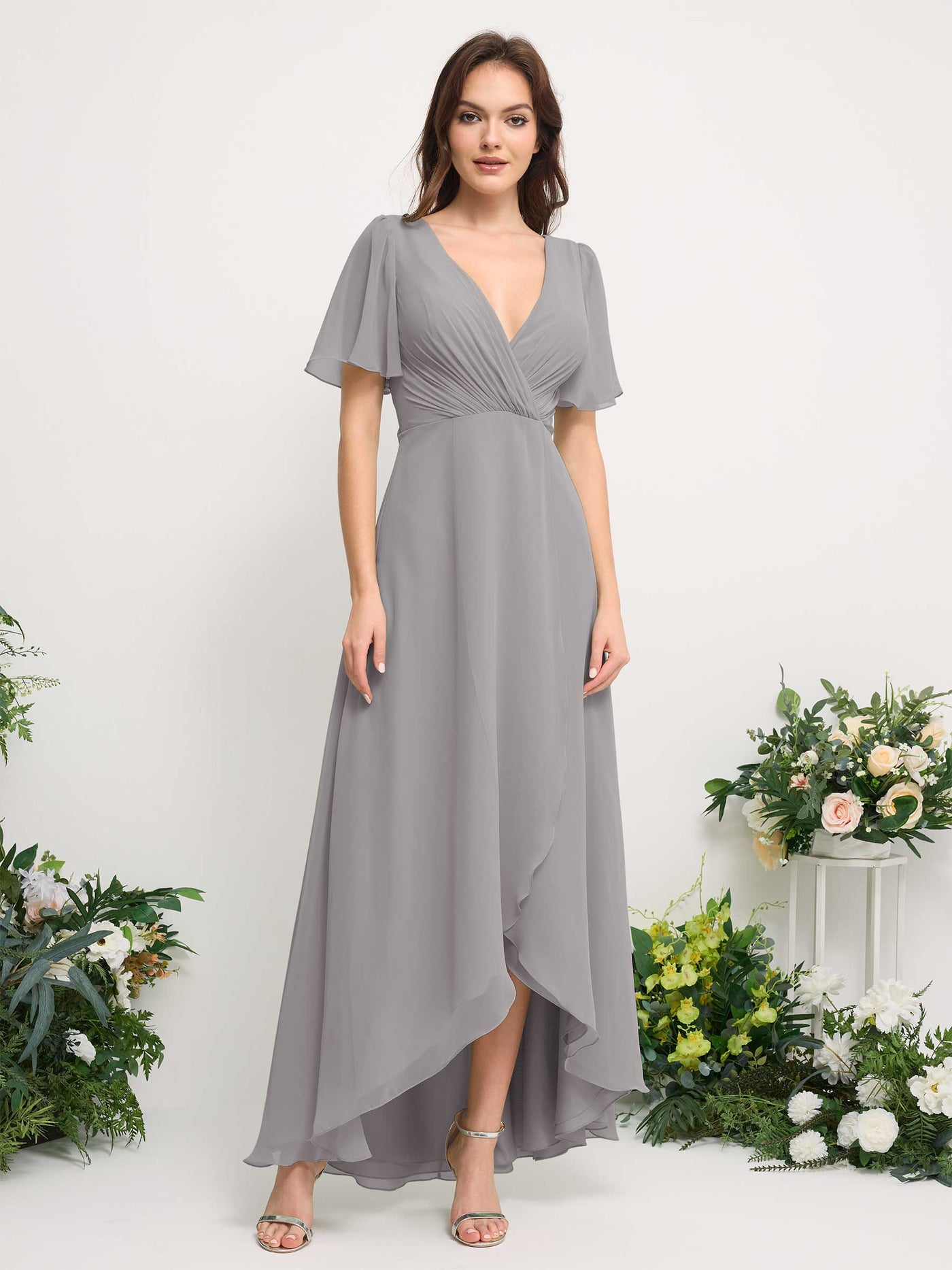 Carlyna Vestido línea A escote en V gasa hasta el suelo dama de honor Gris Paloma #color_gris-paloma