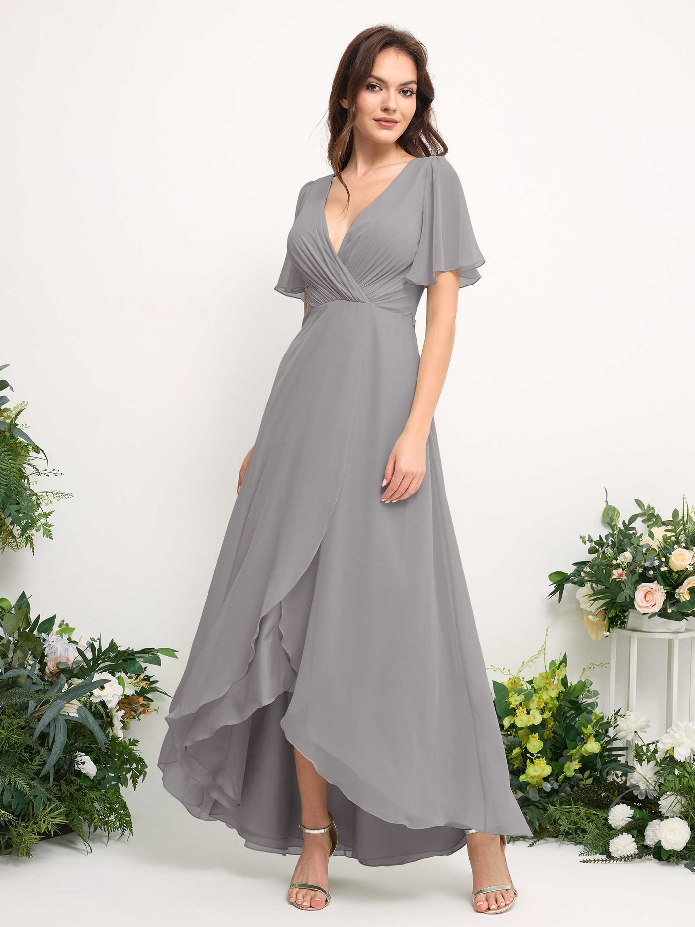 Carlyna Vestido línea A escote en V gasa hasta el suelo dama de honor Gris Paloma #color_gris-paloma