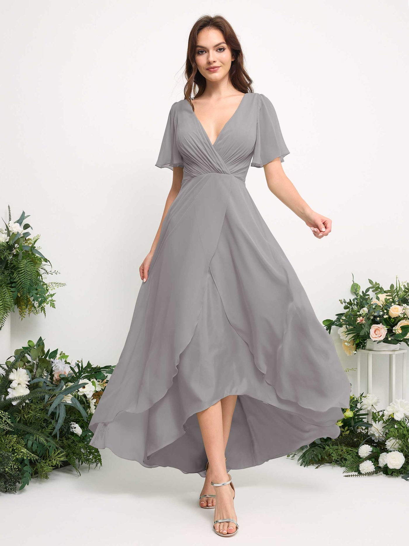 Carlyna Vestido línea A escote en V gasa hasta el suelo dama de honor Gris Paloma #color_gris-paloma