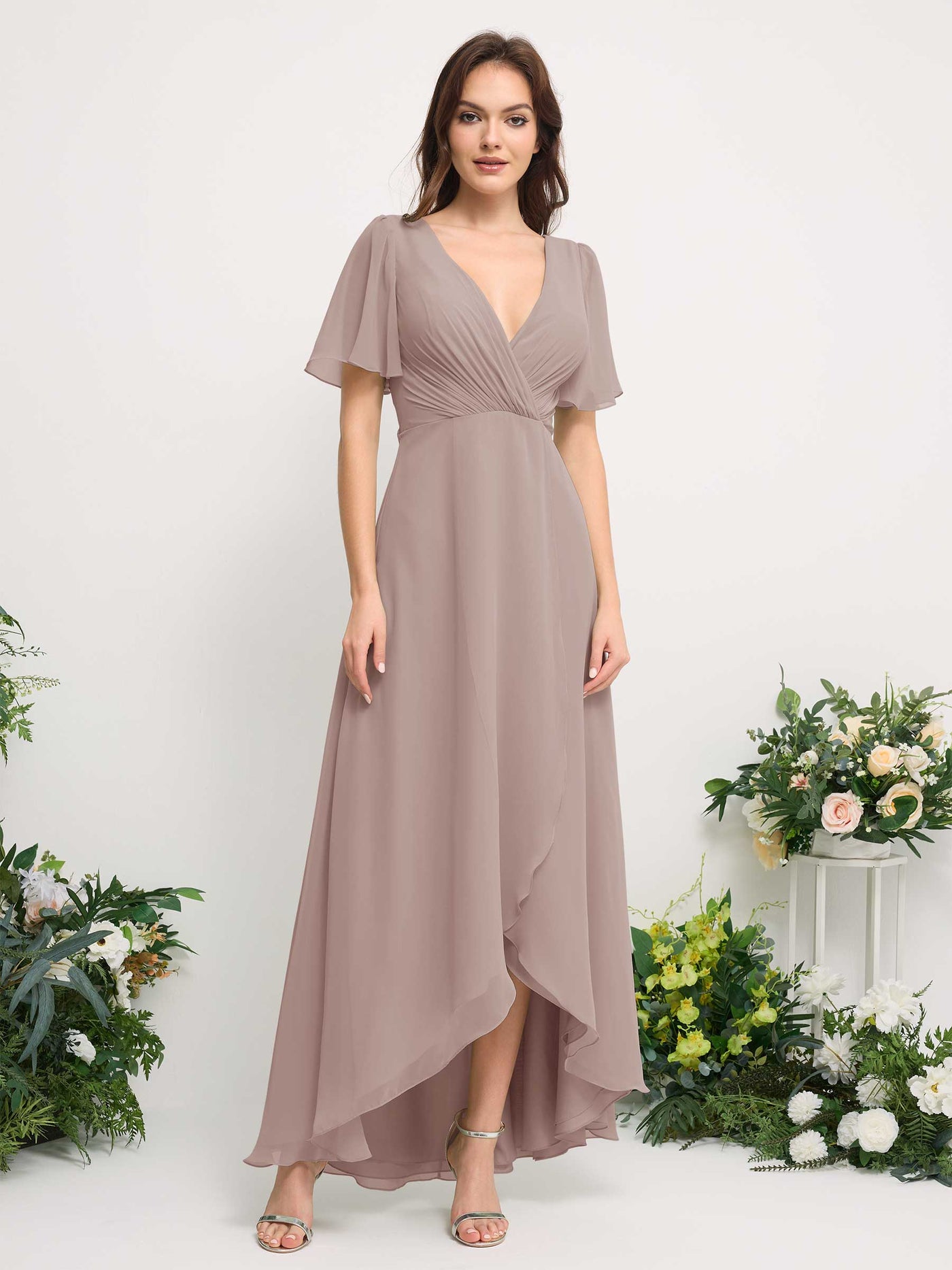 Carlyna Vestido línea A escote en V gasa hasta el suelo dama de honor Gris Pardo #color_gris-pardo