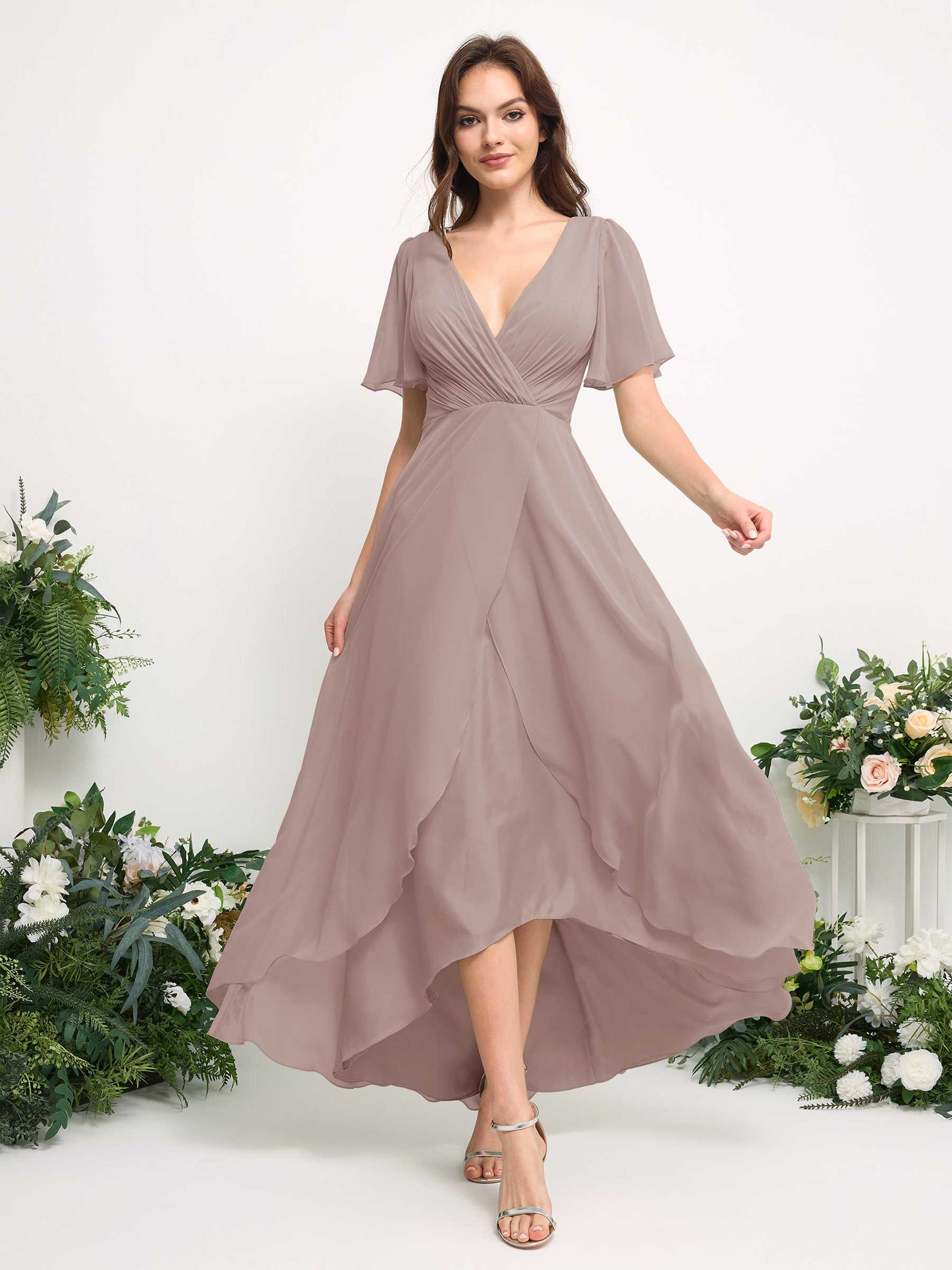 Carlyna Vestido línea A escote en V gasa hasta el suelo dama de honor Gris Pardo #color_gris-pardo