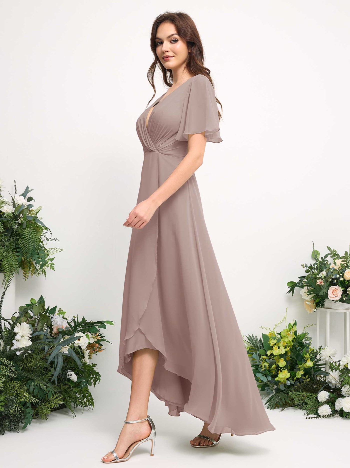Carlyna Vestido línea A escote en V gasa hasta el suelo dama de honor Gris Pardo #color_gris-pardo