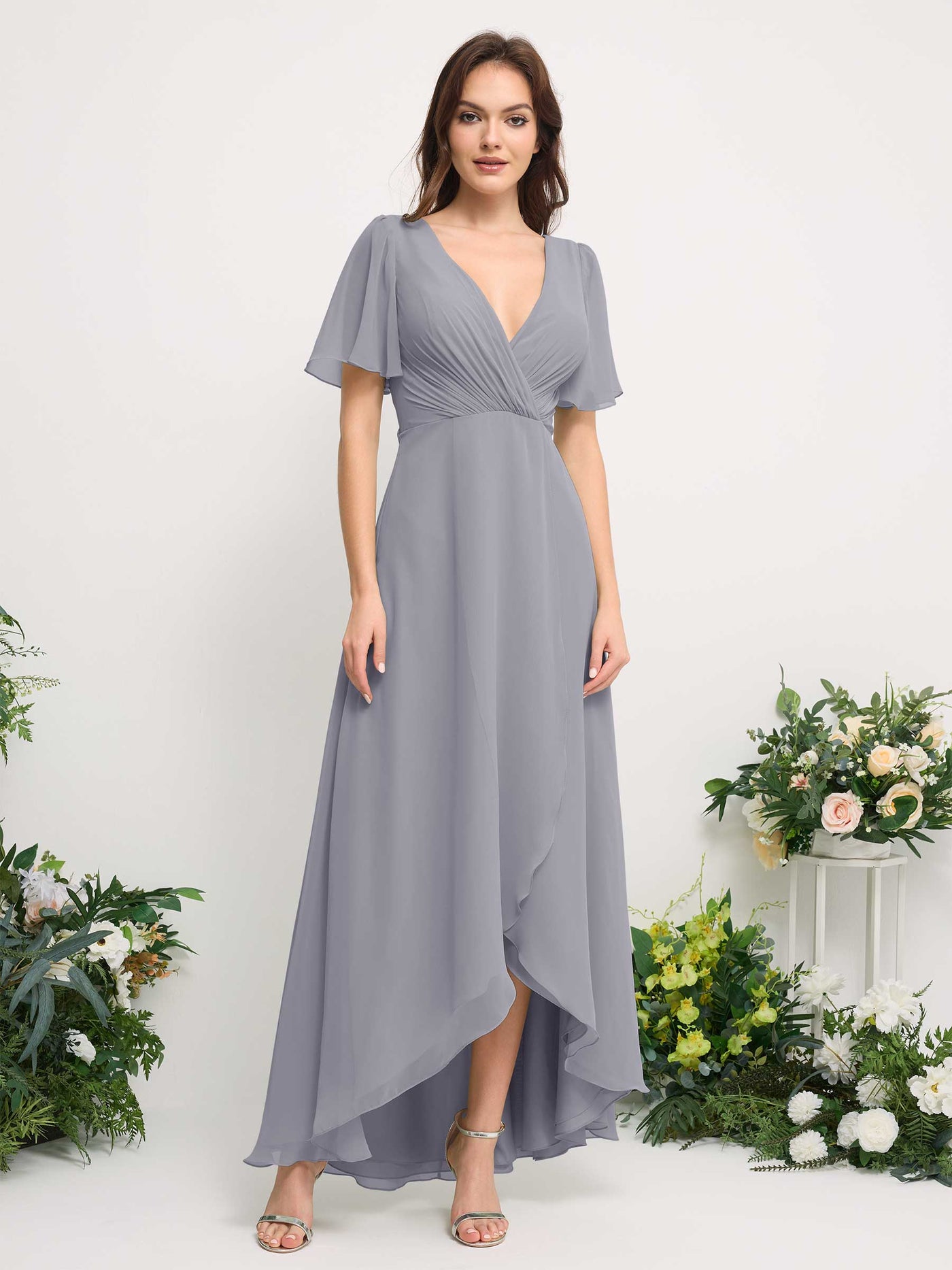Carlyna Vestido línea A escote en V gasa hasta el suelo dama de honor Lavanda Viejo #color_lavanda-viejo