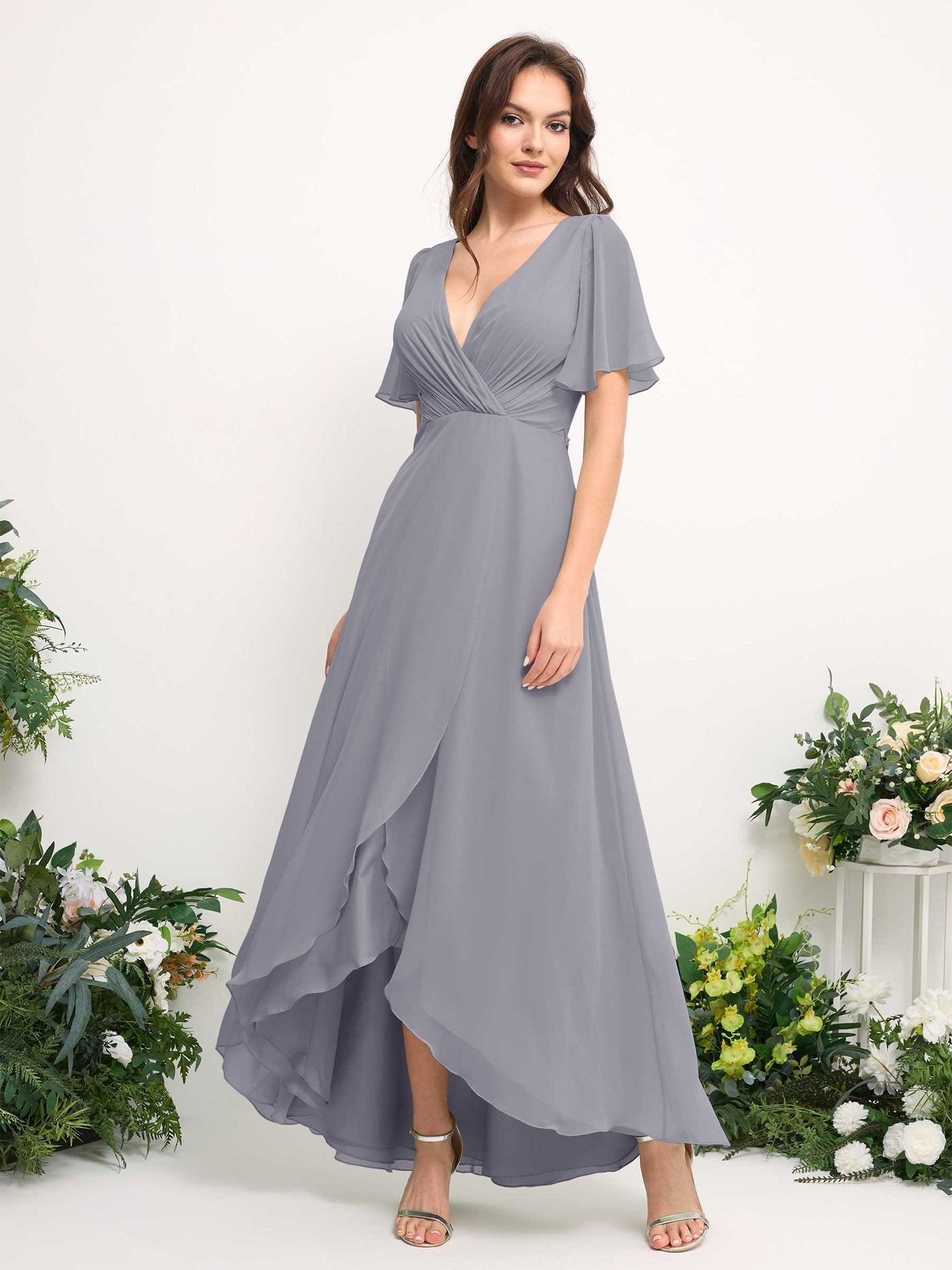 Carlyna Vestido línea A escote en V gasa hasta el suelo dama de honor Lavanda Viejo #color_lavanda-viejo