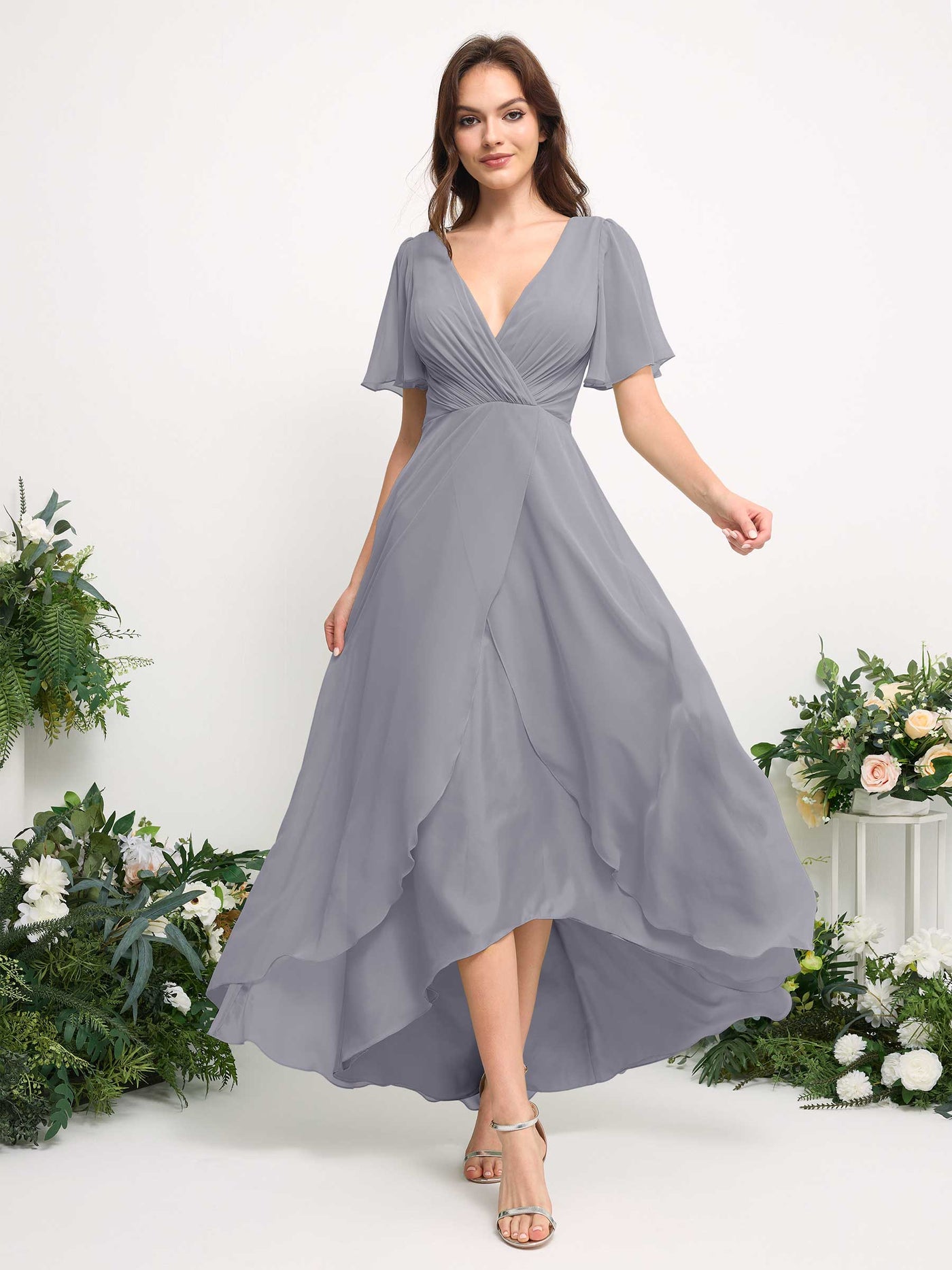 Carlyna Vestido línea A escote en V gasa hasta el suelo dama de honor Lavanda Viejo #color_lavanda-viejo