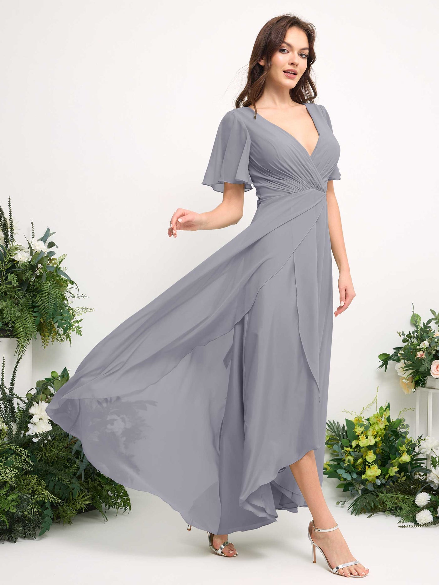 Carlyna Vestido línea A escote en V gasa hasta el suelo dama de honor Lavanda Viejo #color_lavanda-viejo