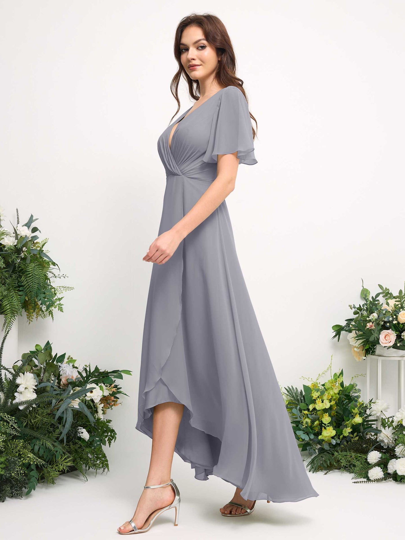 Carlyna Vestido línea A escote en V gasa hasta el suelo dama de honor Lavanda Viejo #color_lavanda-viejo