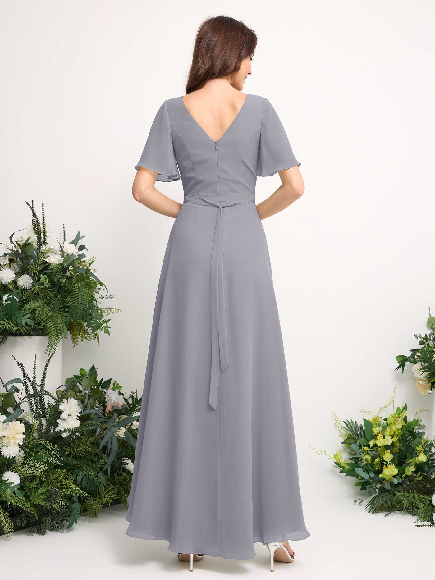 Carlyna Vestido línea A escote en V gasa hasta el suelo dama de honor Lavanda Viejo #color_lavanda-viejo