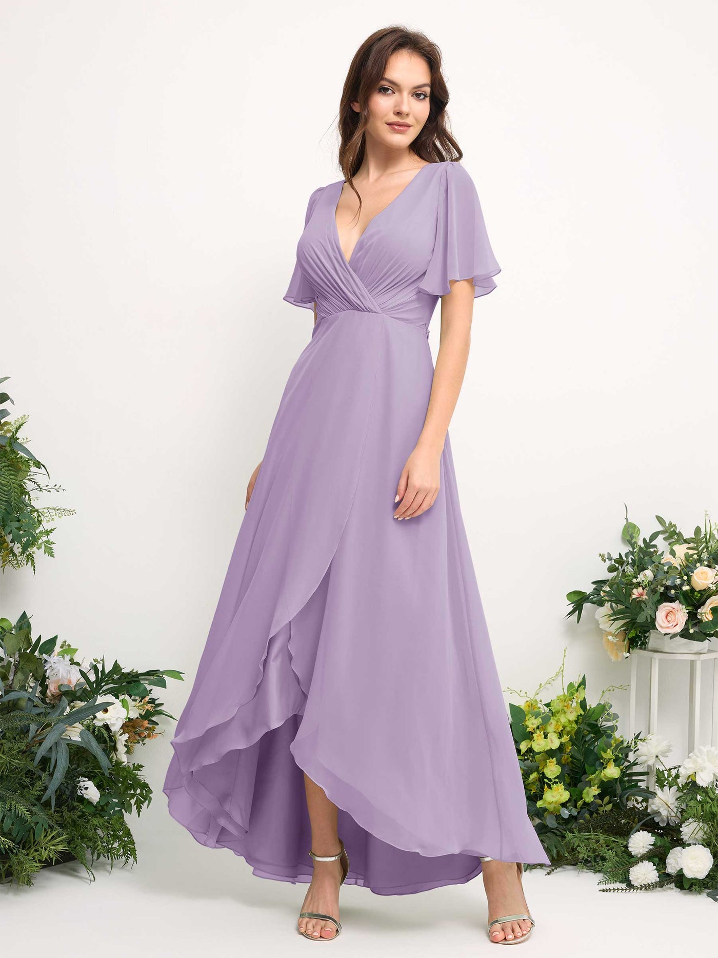Carlyna Vestido línea A escote en V gasa hasta el suelo dama de honor Lila #color_lila