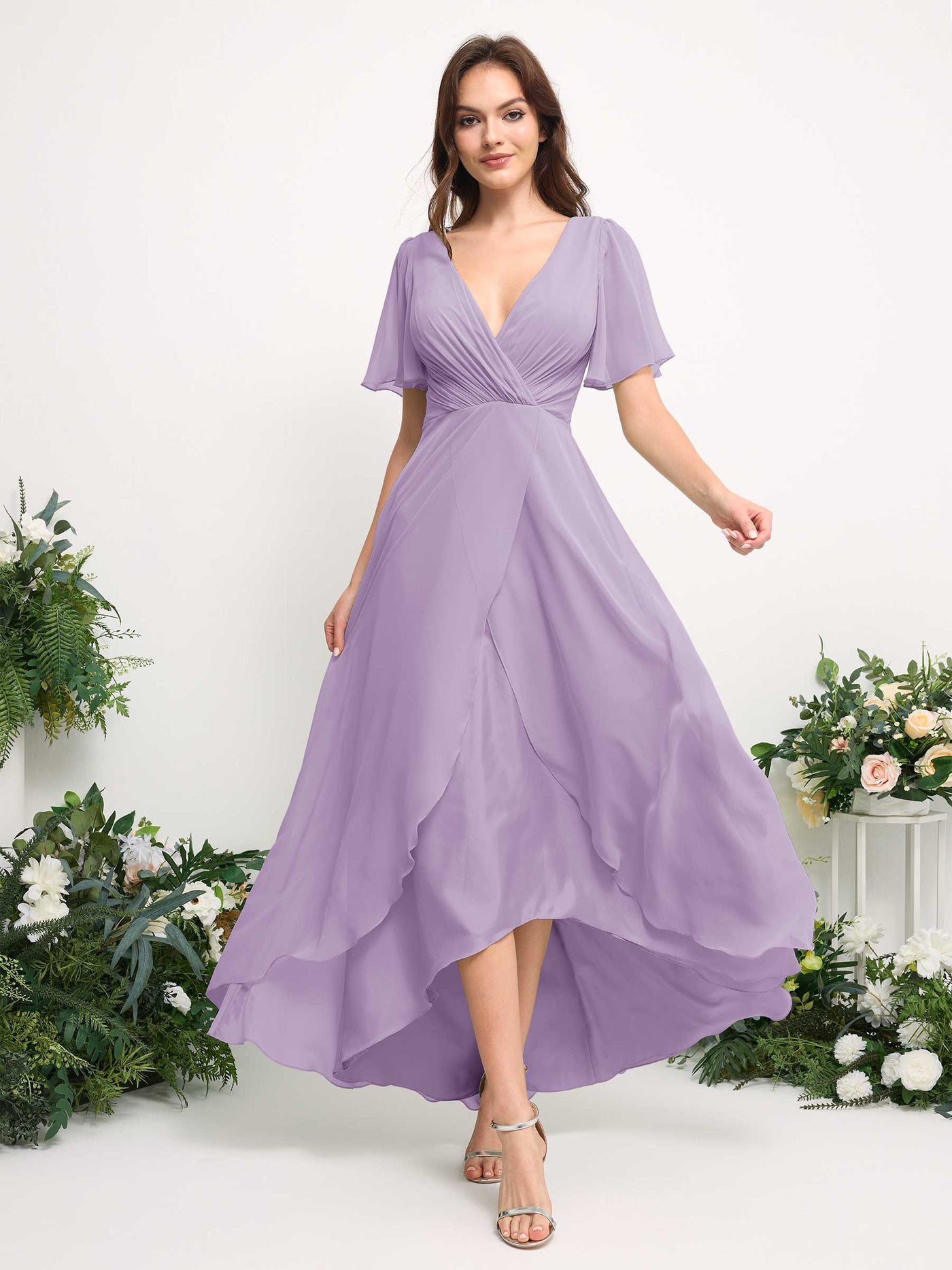 Carlyna Vestido línea A escote en V gasa hasta el suelo dama de honor Lila #color_lila