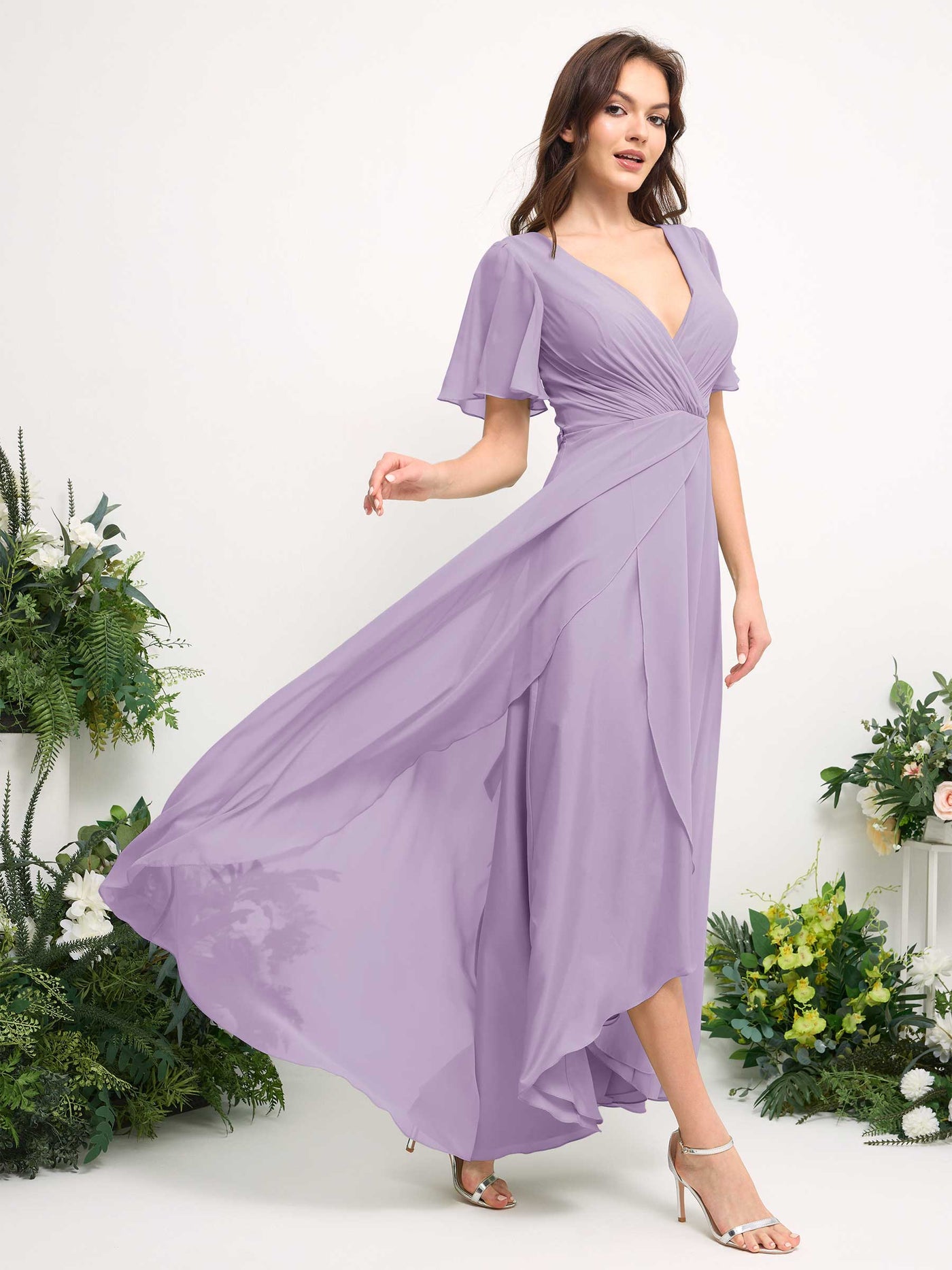 Carlyna Vestido línea A escote en V gasa hasta el suelo dama de honor Lila #color_lila