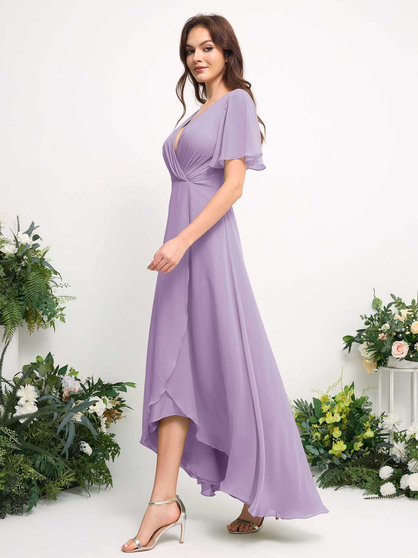 Carlyna Vestido línea A escote en V gasa hasta el suelo dama de honor Lila #color_lila