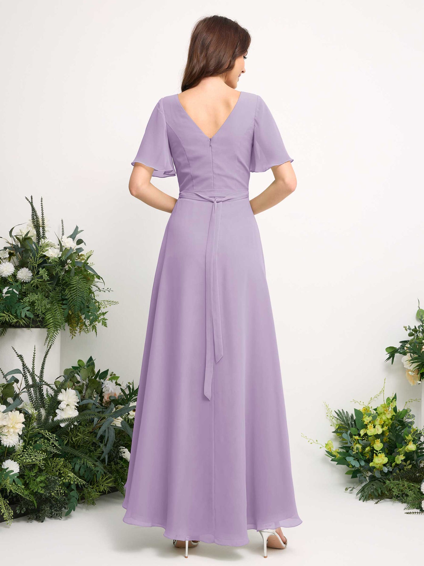 Carlyna Vestido línea A escote en V gasa hasta el suelo dama de honor Lila #color_lila