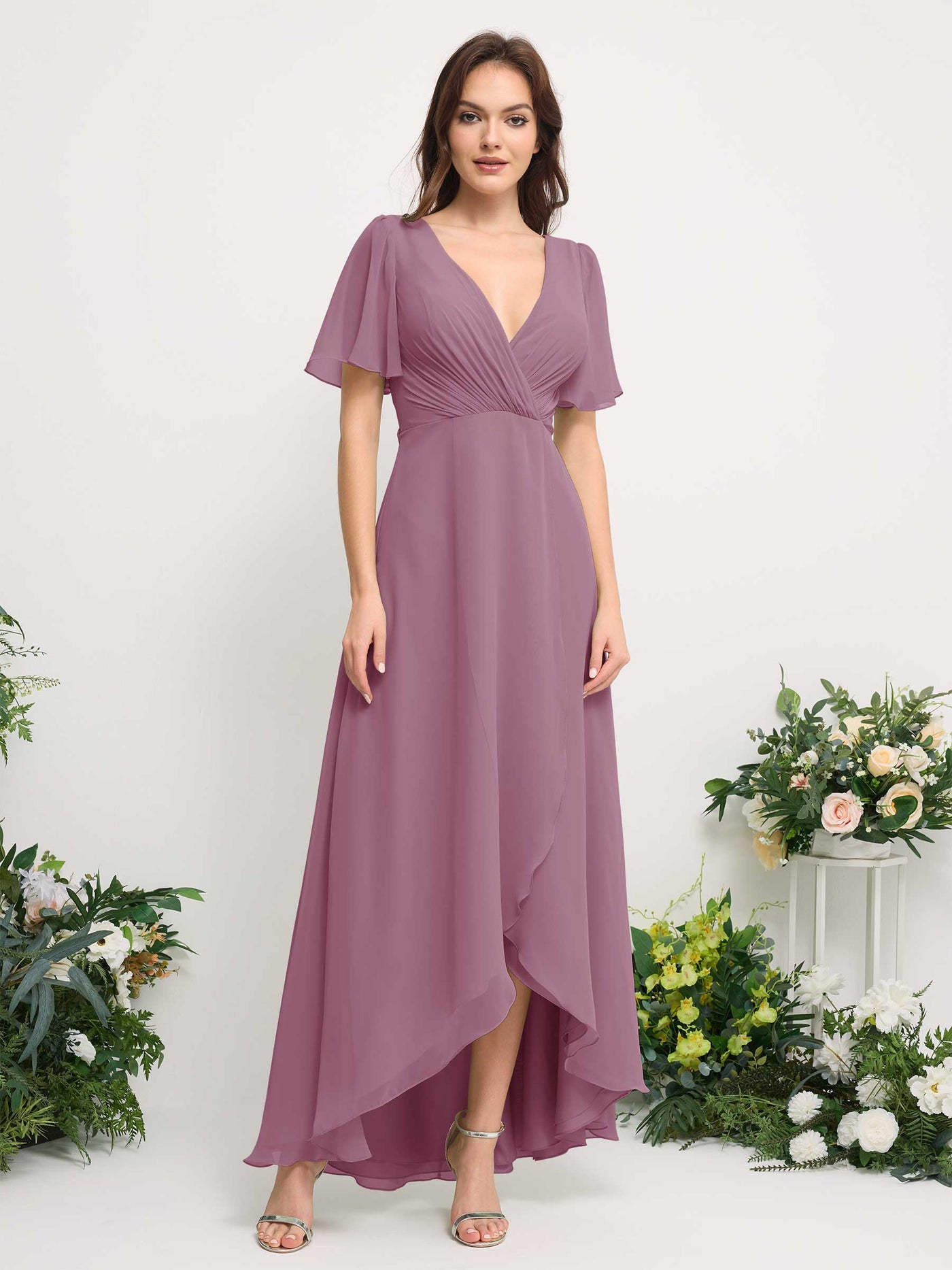 Carlyna Vestido línea A escote en V gasa hasta el suelo dama de honor Malva Clásico #color_malva-cl-sico